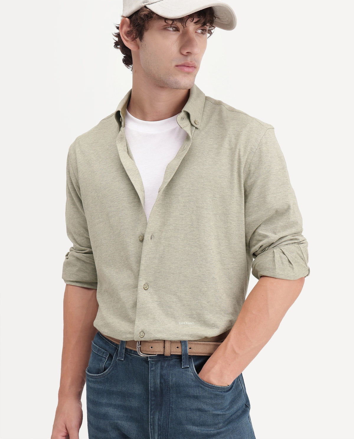 Rare Rabbit Men's Kenway Khaki Cotton Blend Button-Down Collar Regular Fit Plain Shirt