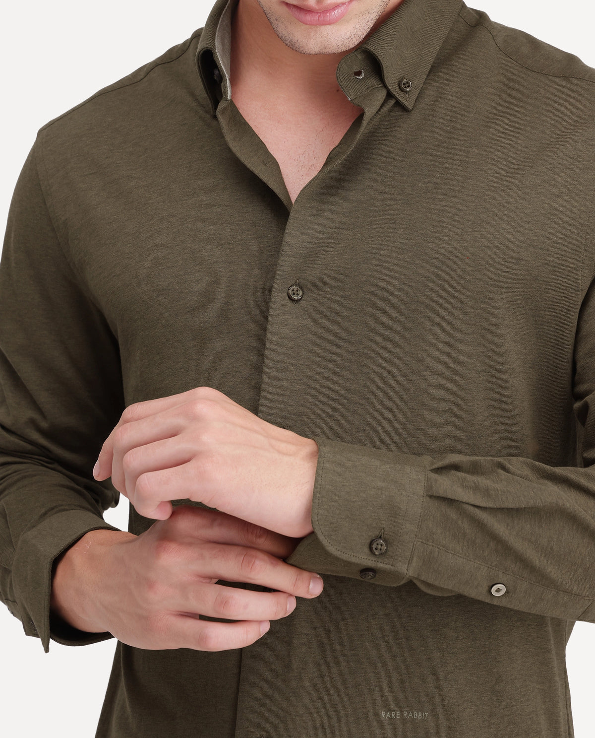 Rare Rabbit Men's Kenway Olive Cotton Blend Button-Down Collar Regular Fit Plain Shirt
