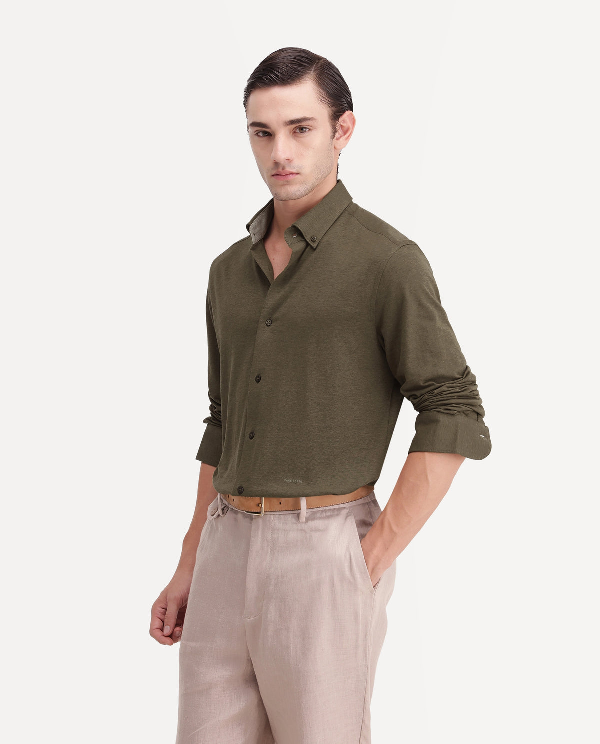 Rare Rabbit Men's Kenway Olive Cotton Blend Button-Down Collar Regular Fit Plain Shirt