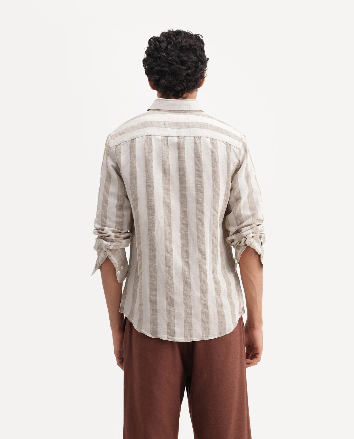 Rare Rabbit Men's Julian Khaki 100% Linen Spread Collar Regular Fit Striped Shirt