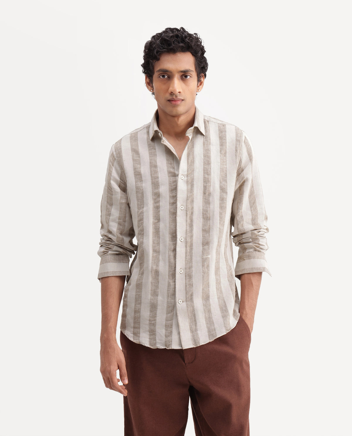 Rare Rabbit Men's Julian Khaki 100% Linen Spread Collar Regular Fit Striped Shirt