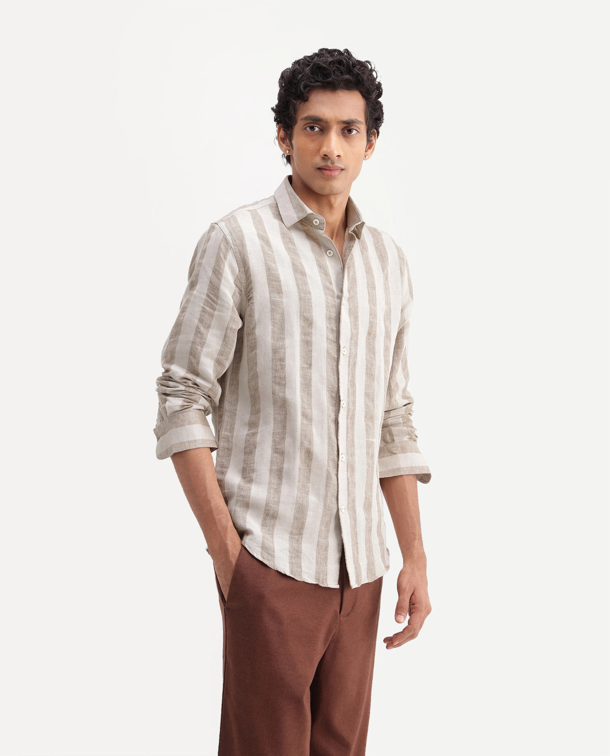 Rare Rabbit Men's Julian Khaki 100% Linen Spread Collar Regular Fit Striped Shirt