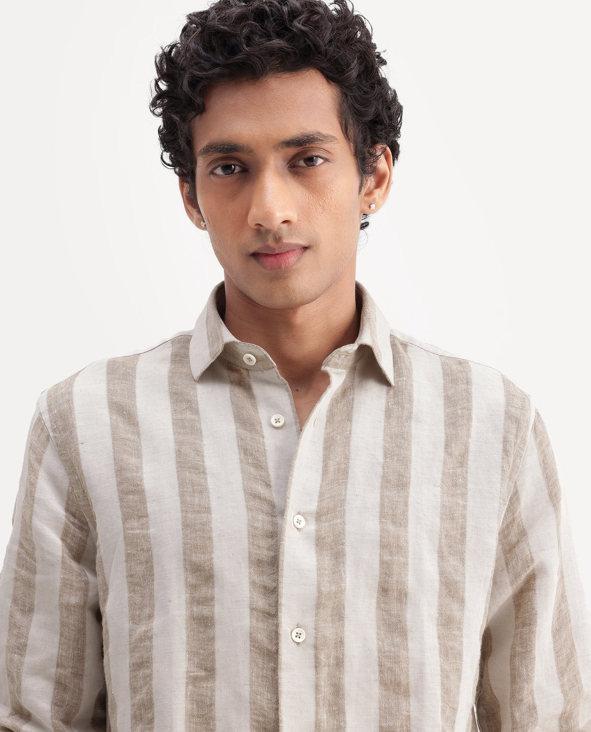 Rare Rabbit Men's Julian Khaki 100% Linen Spread Collar Regular Fit Striped Shirt