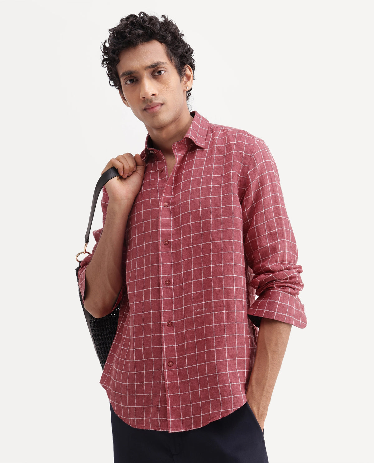 Rare Rabbit Men's Julio Red 100% Linen Spread Collar Regular Fit Checked Shirt