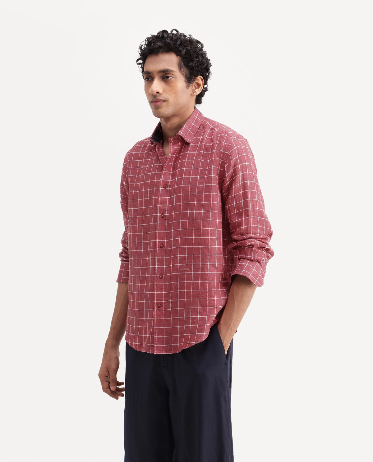 Rare Rabbit Men's Julio Red 100% Linen Spread Collar Regular Fit Checked Shirt