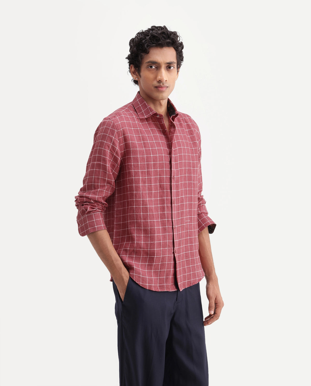 Rare Rabbit Men's Julio Red 100% Linen Spread Collar Regular Fit Checked Shirt