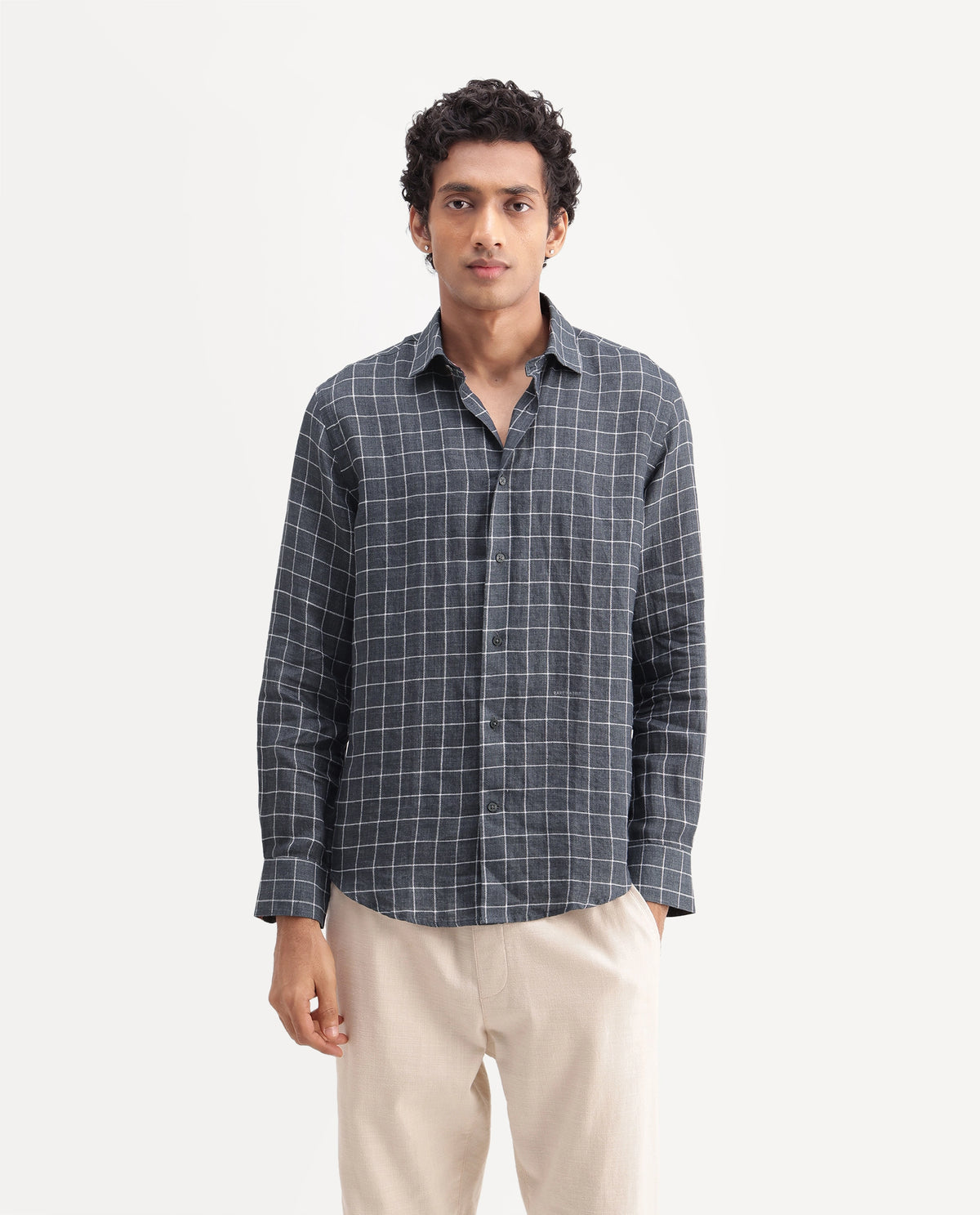 Rare Rabbit Men's Julio Dark Grey 100% Linen Spread Collar Regular Fit Checked Shirt