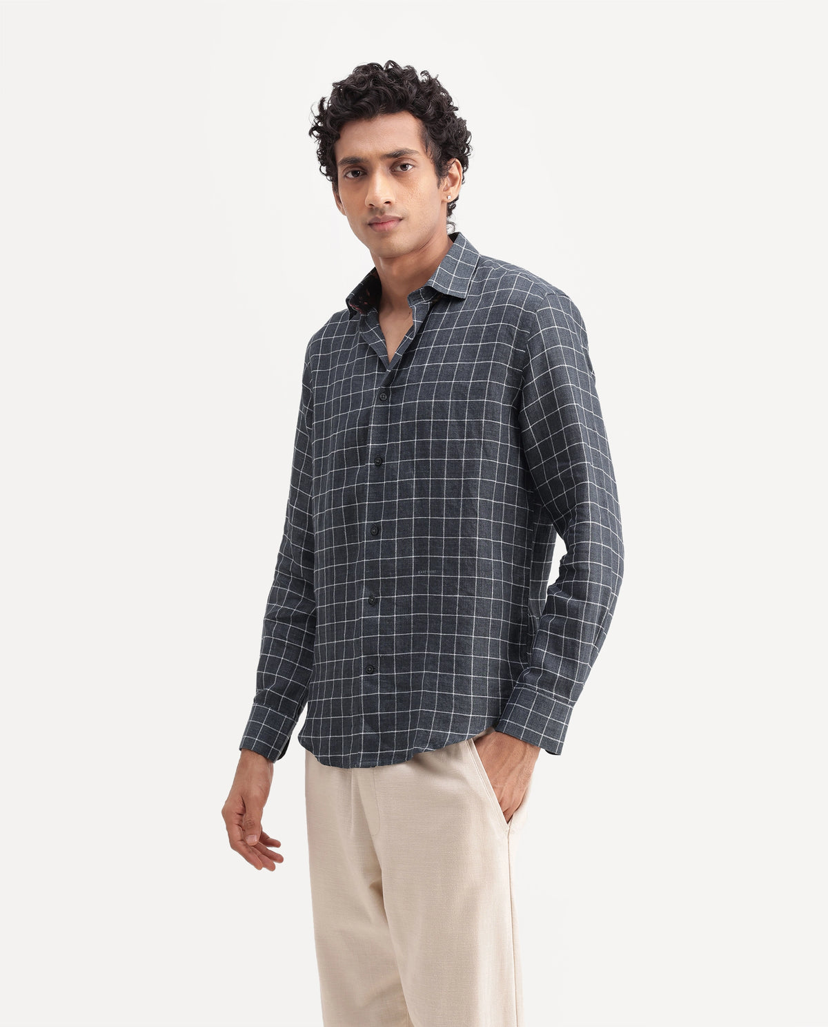 Rare Rabbit Men's Julio Dark Grey 100% Linen Spread Collar Regular Fit Checked Shirt