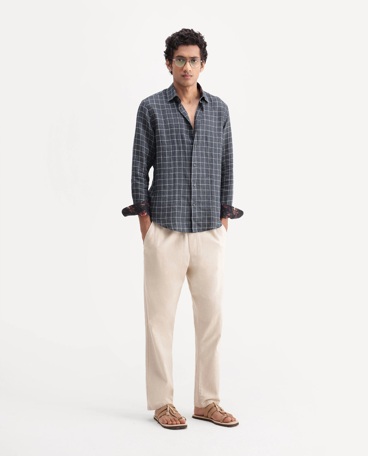Rare Rabbit Men's Julio Dark Grey 100% Linen Spread Collar Regular Fit Checked Shirt