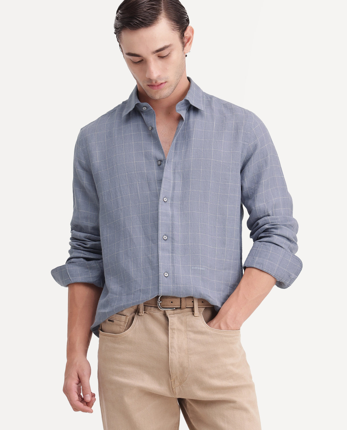 Rare Rabbit Men's Polend Dusky Blue 100% Linen Spread Collar Regular Fit Checked Shirt