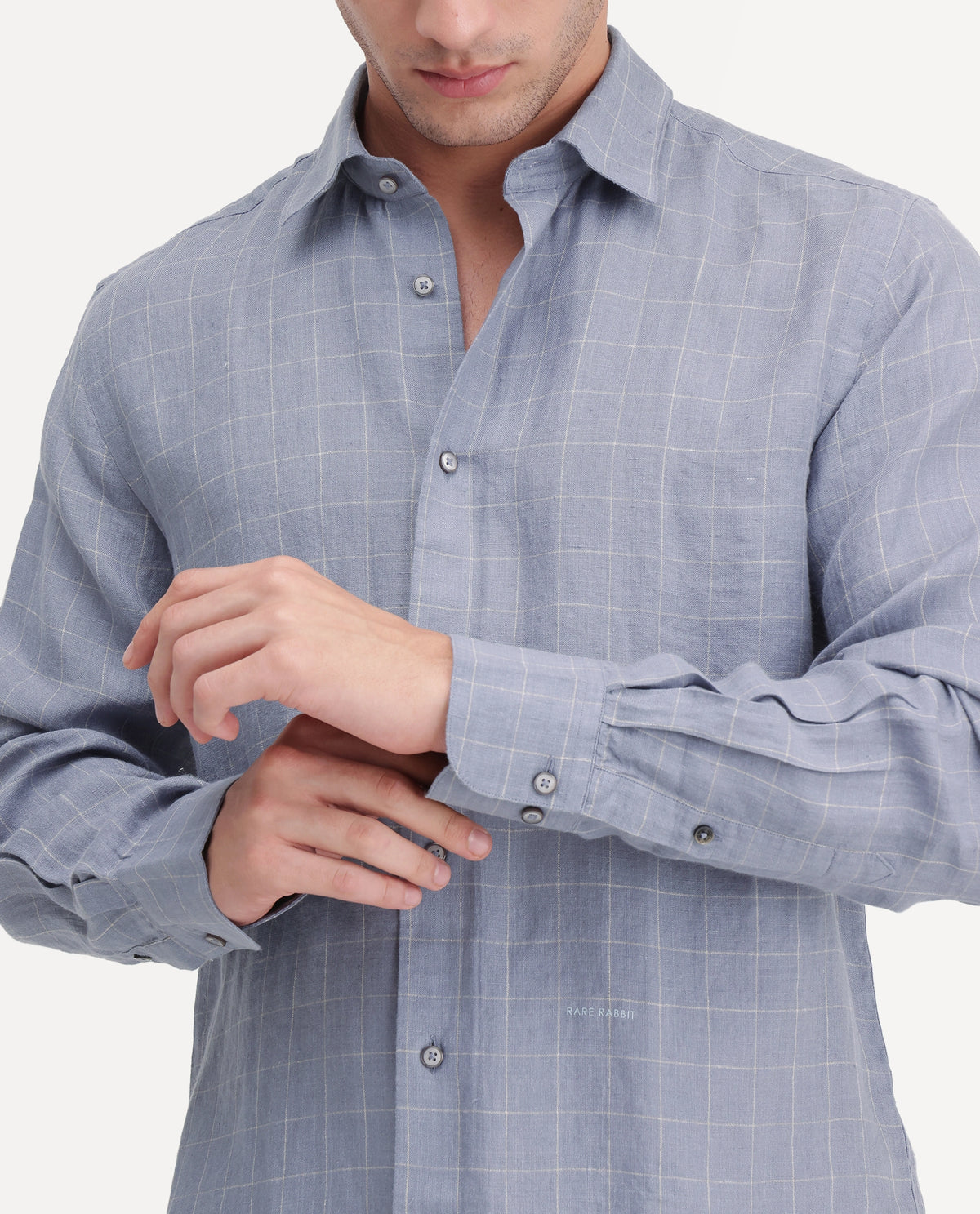 Rare Rabbit Men's Polend Dusky Blue 100% Linen Spread Collar Regular Fit Checked Shirt