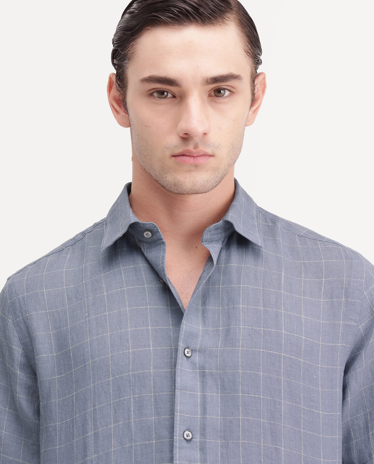 Rare Rabbit Men's Polend Dusky Blue 100% Linen Spread Collar Regular Fit Checked Shirt