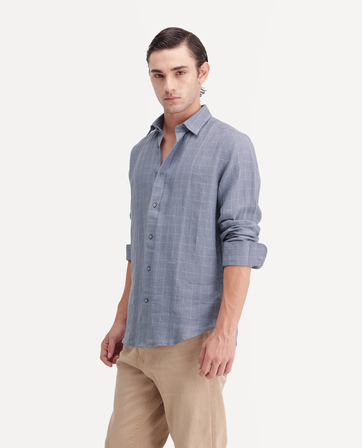 Rare Rabbit Men's Polend Dusky Blue 100% Linen Spread Collar Regular Fit Checked Shirt