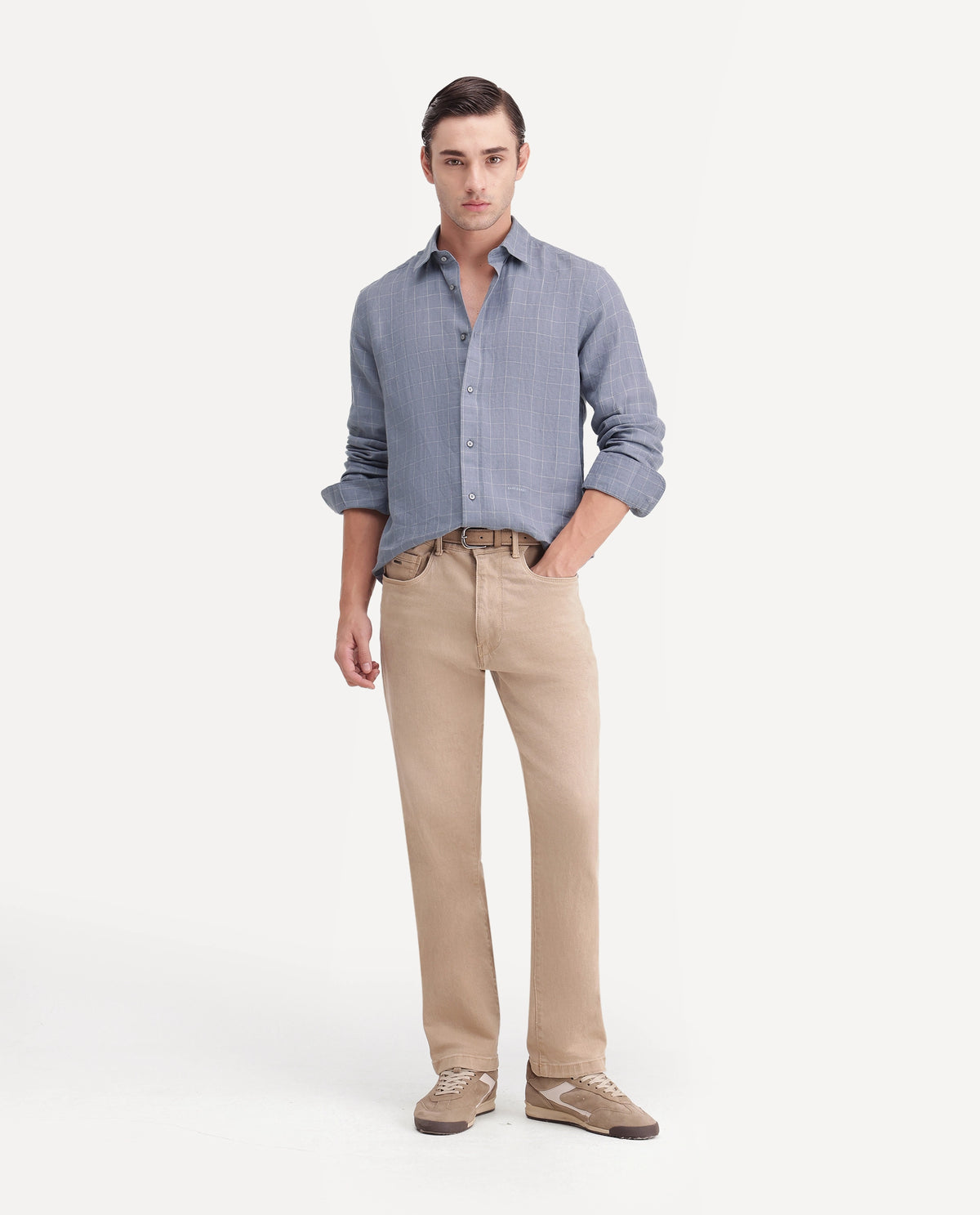 Rare Rabbit Men's Polend Dusky Blue 100% Linen Spread Collar Regular Fit Checked Shirt