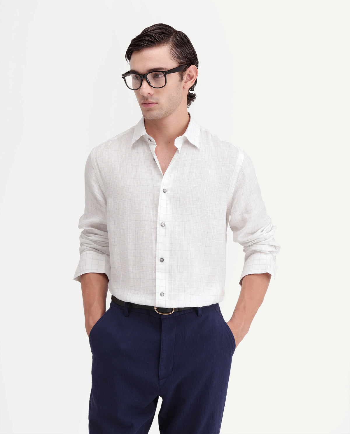 Rare Rabbit Men's Polend White 100% Linen Spread Collar Regular Fit Checked Shirt