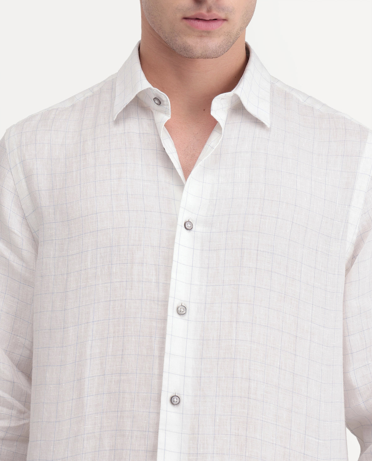 Rare Rabbit Men's Polend White 100% Linen Spread Collar Regular Fit Checked Shirt