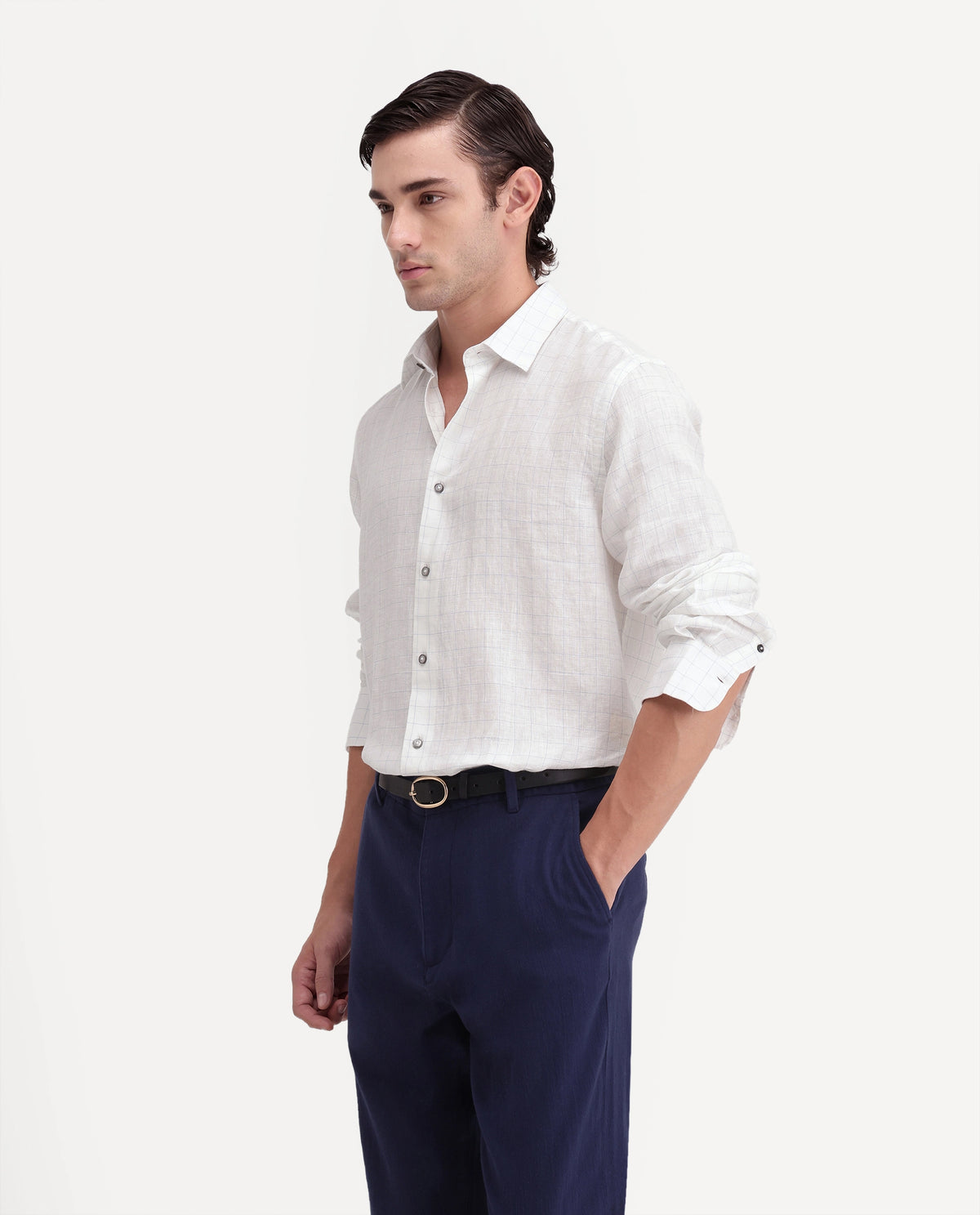 Rare Rabbit Men's Polend White 100% Linen Spread Collar Regular Fit Checked Shirt