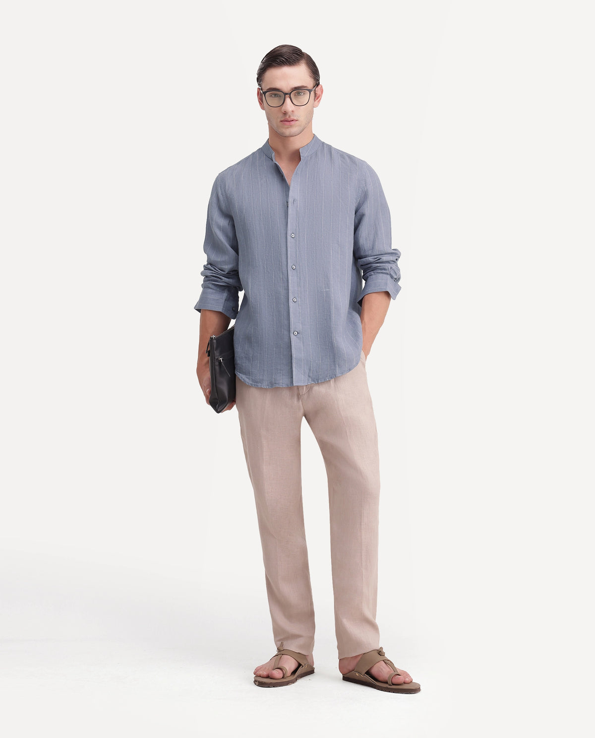 Rare Rabbit Men's Cronts Dusky Blue 100% Linen Mandarin Collar Regular Fit Striped Shirt
