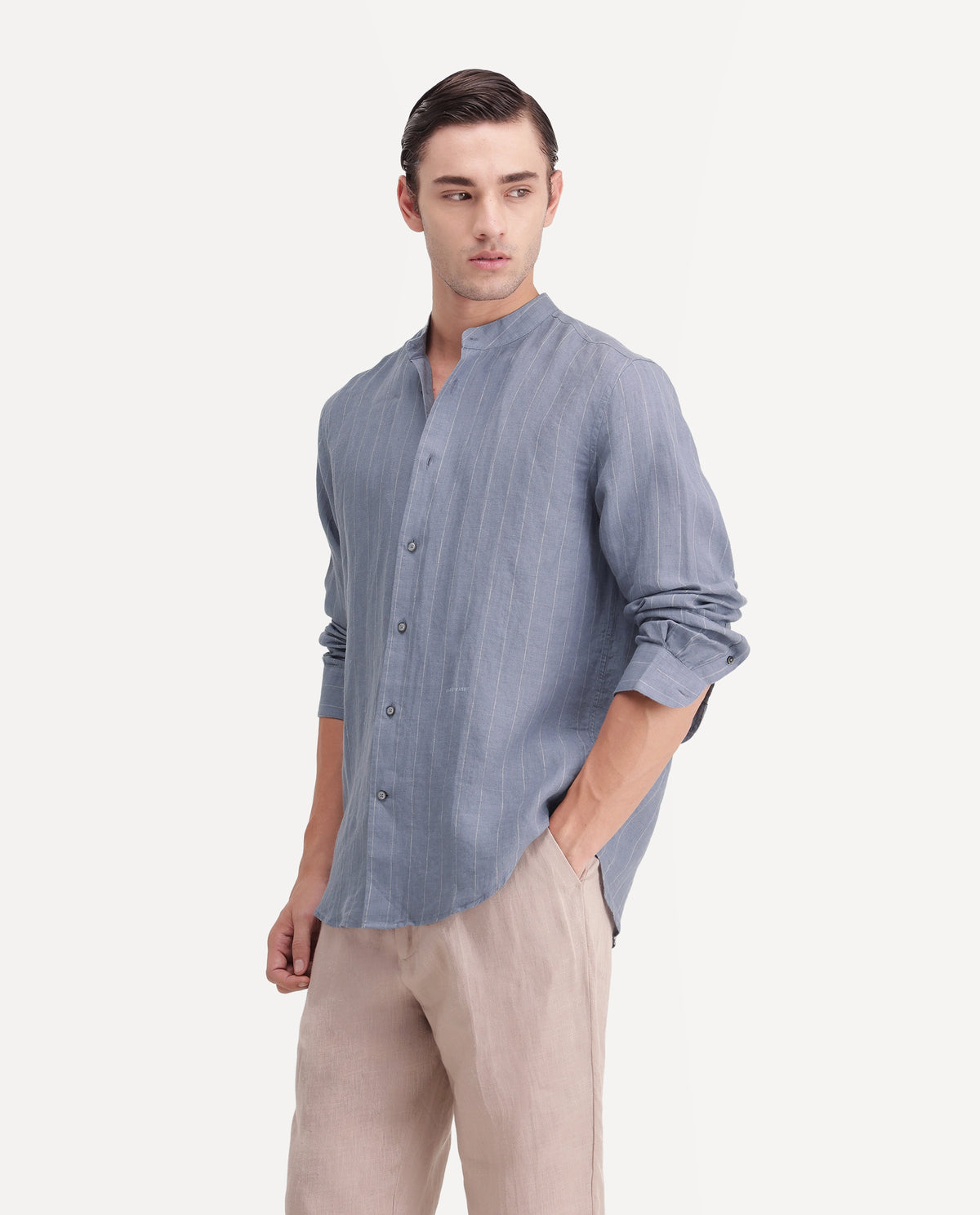 Rare Rabbit Men's Cronts Dusky Blue 100% Linen Mandarin Collar Regular Fit Striped Shirt