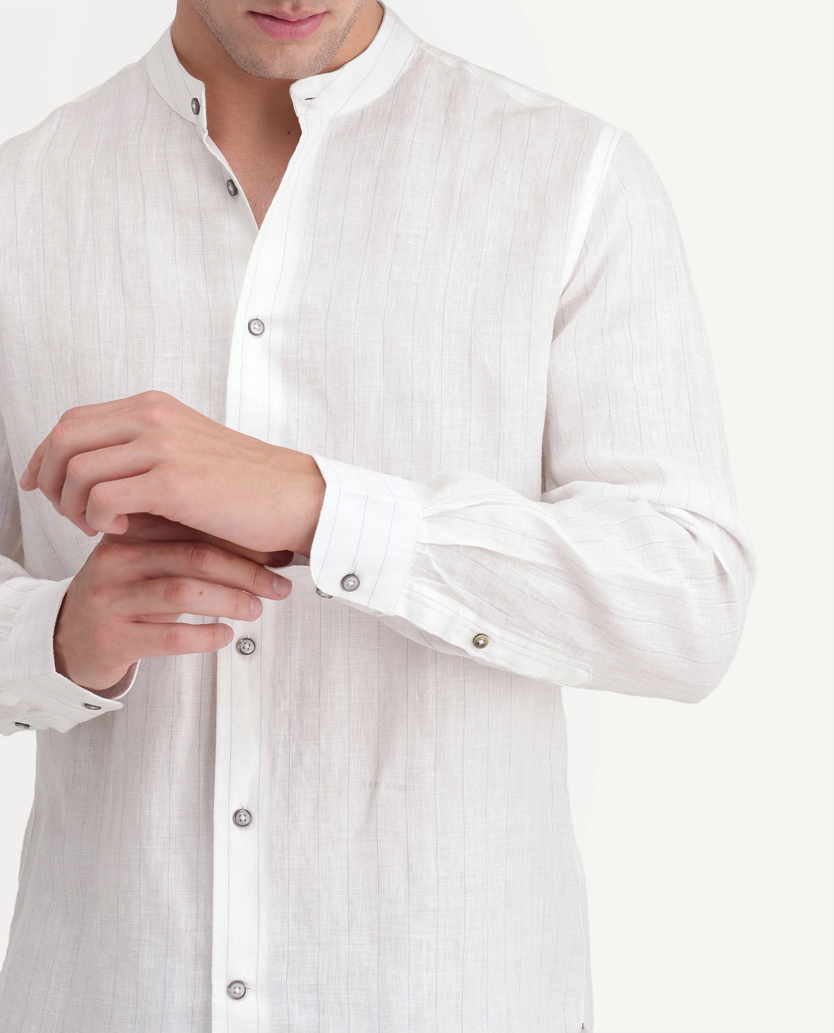 Rare Rabbit Men's Cronts White 100% Linen Mandarin Collar Regular Fit Striped Shirt