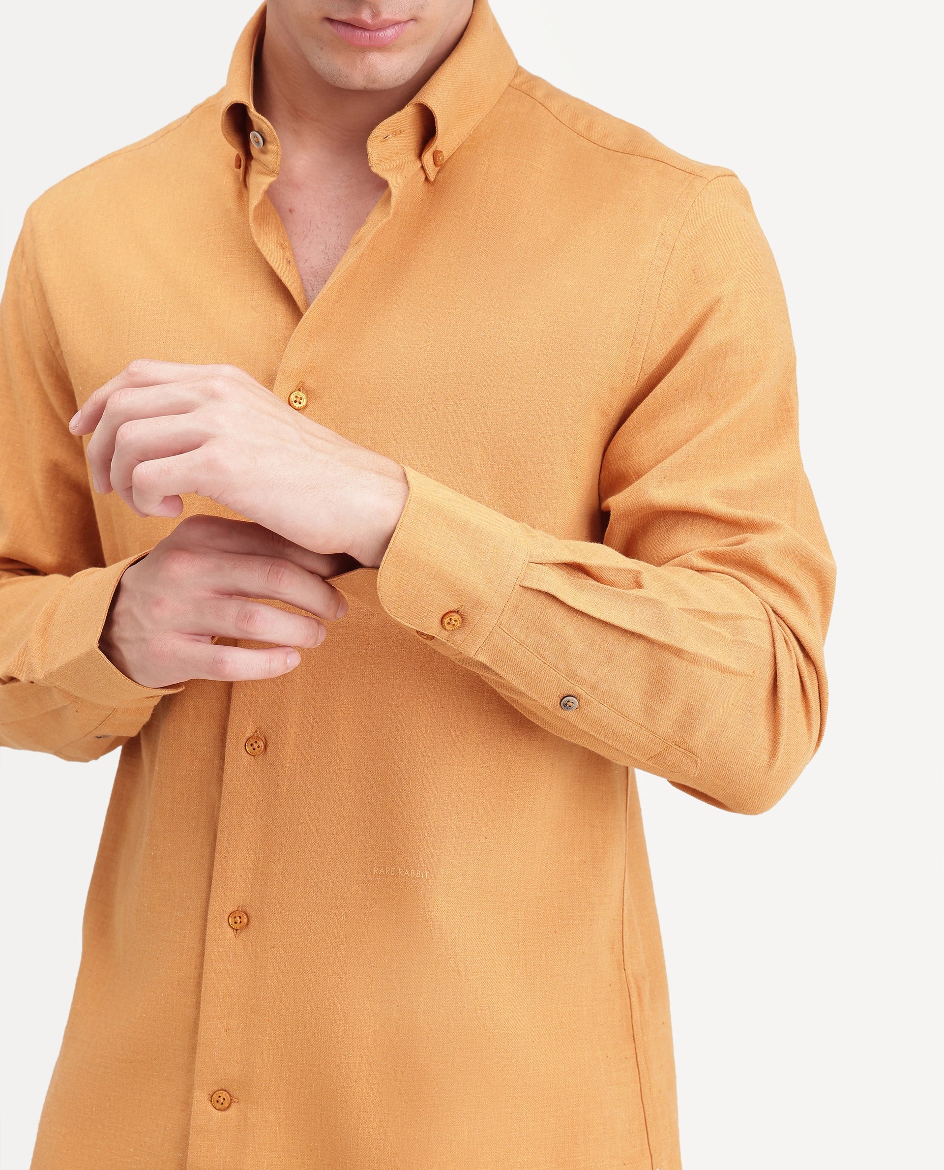Rare Rabbit Men's Alexi Mustard Cotton Button-Down Collar Regular Fit Plain Shirt