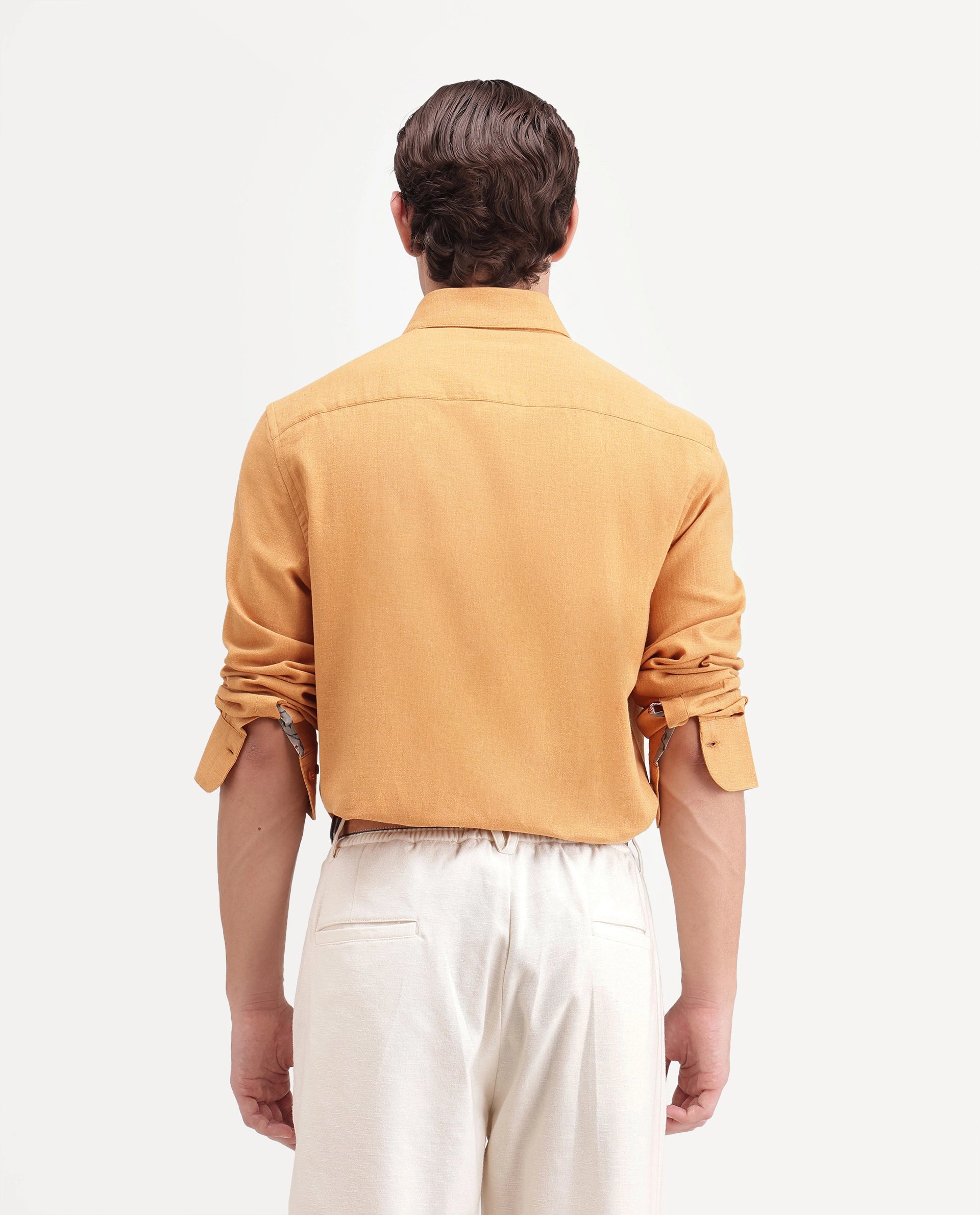 Rare Rabbit Men's Alexi Mustard Cotton Button-Down Collar Regular Fit Plain Shirt