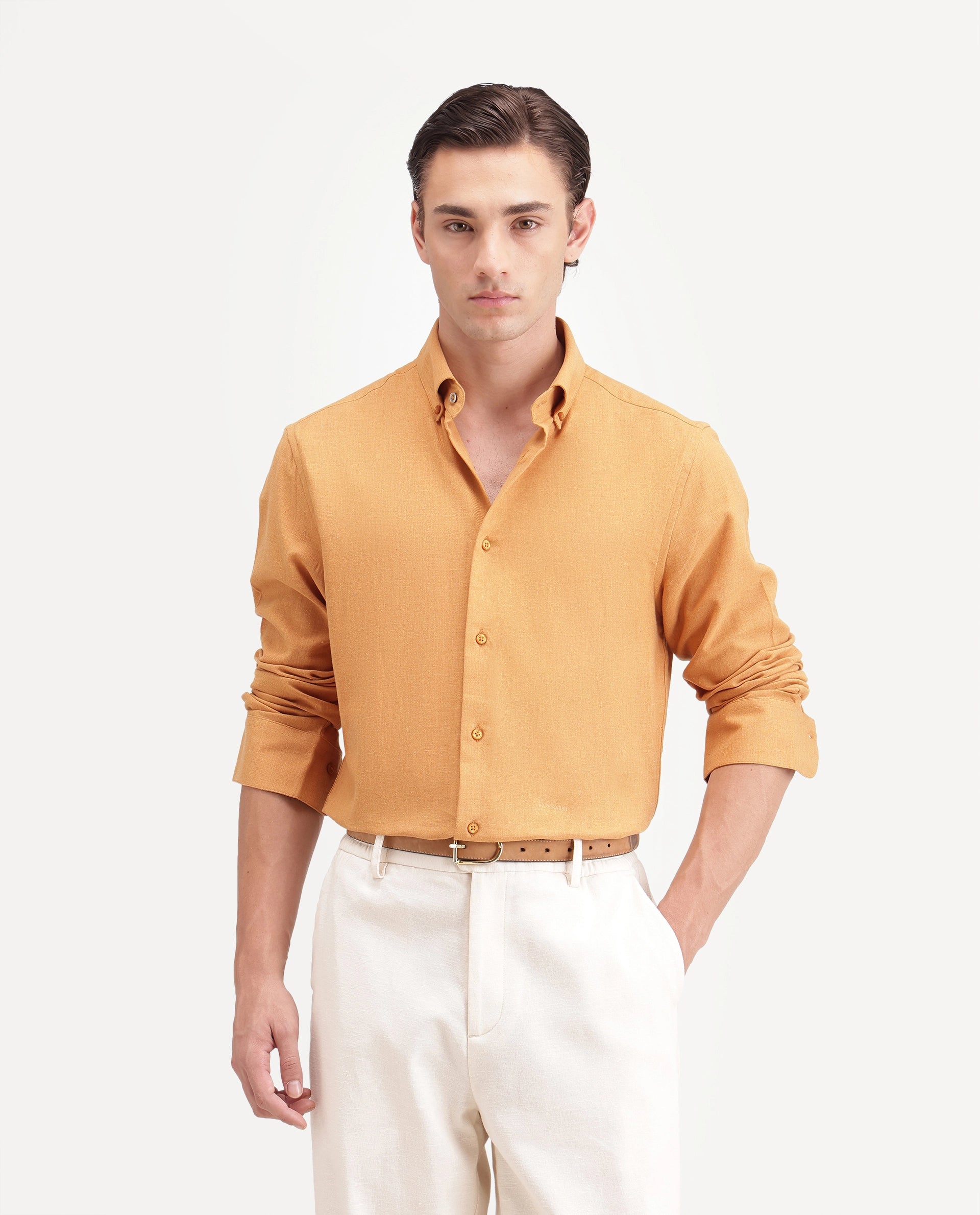 Rare Rabbit Men's Alexi Mustard Cotton Button-Down Collar Regular Fit Plain Shirt