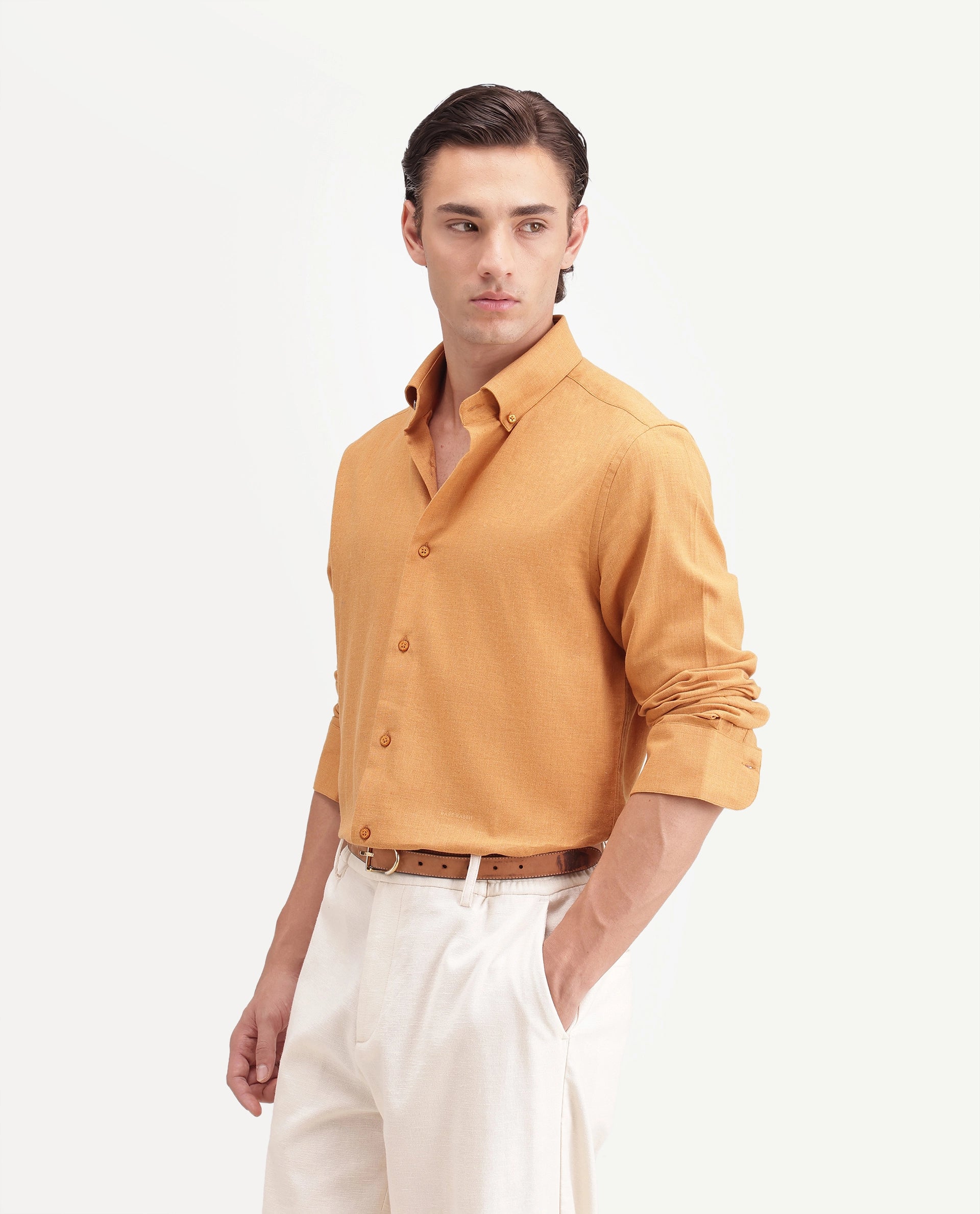 Rare Rabbit Men's Alexi Mustard Cotton Button-Down Collar Regular Fit Plain Shirt