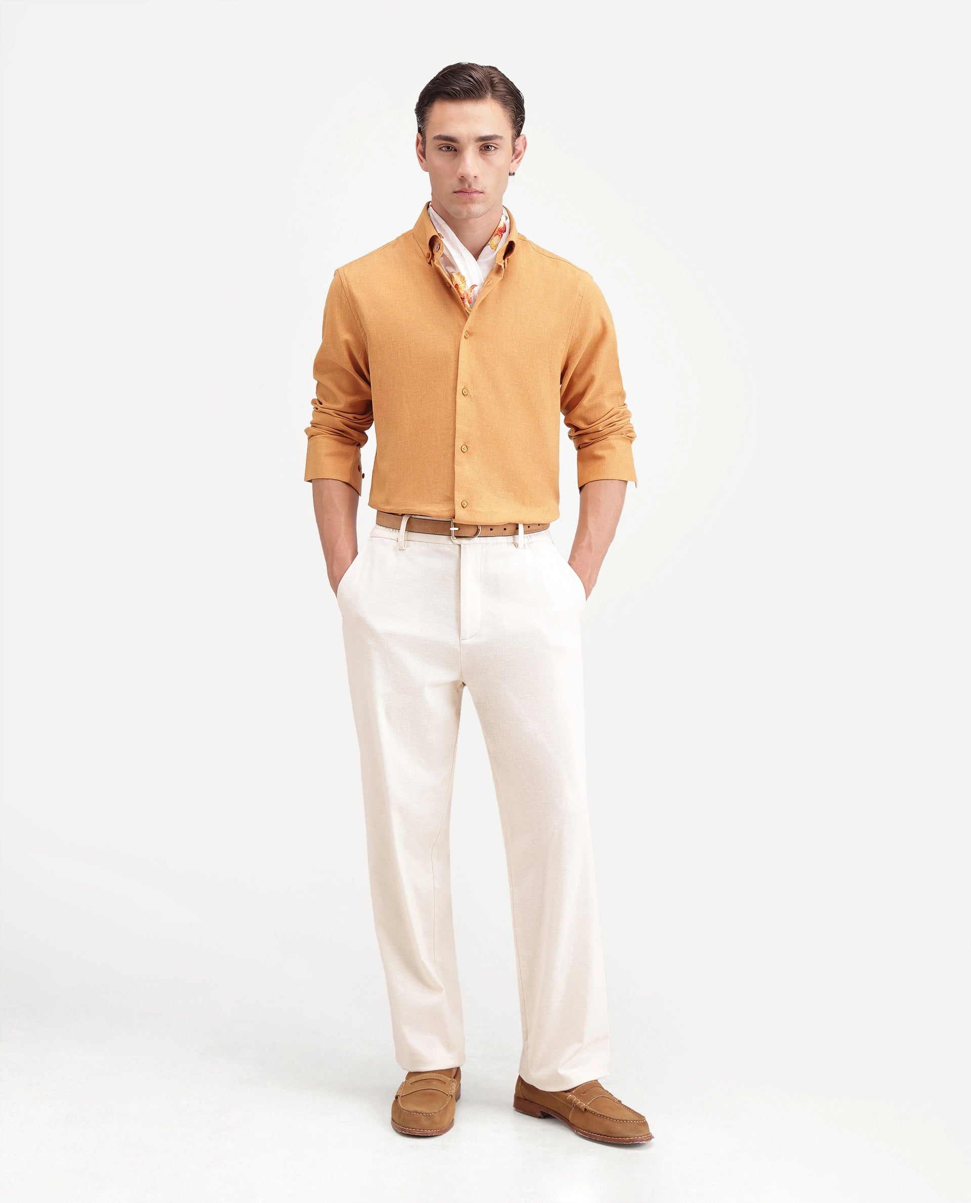 Rare Rabbit Men's Alexi Mustard Cotton Button-Down Collar Regular Fit Plain Shirt