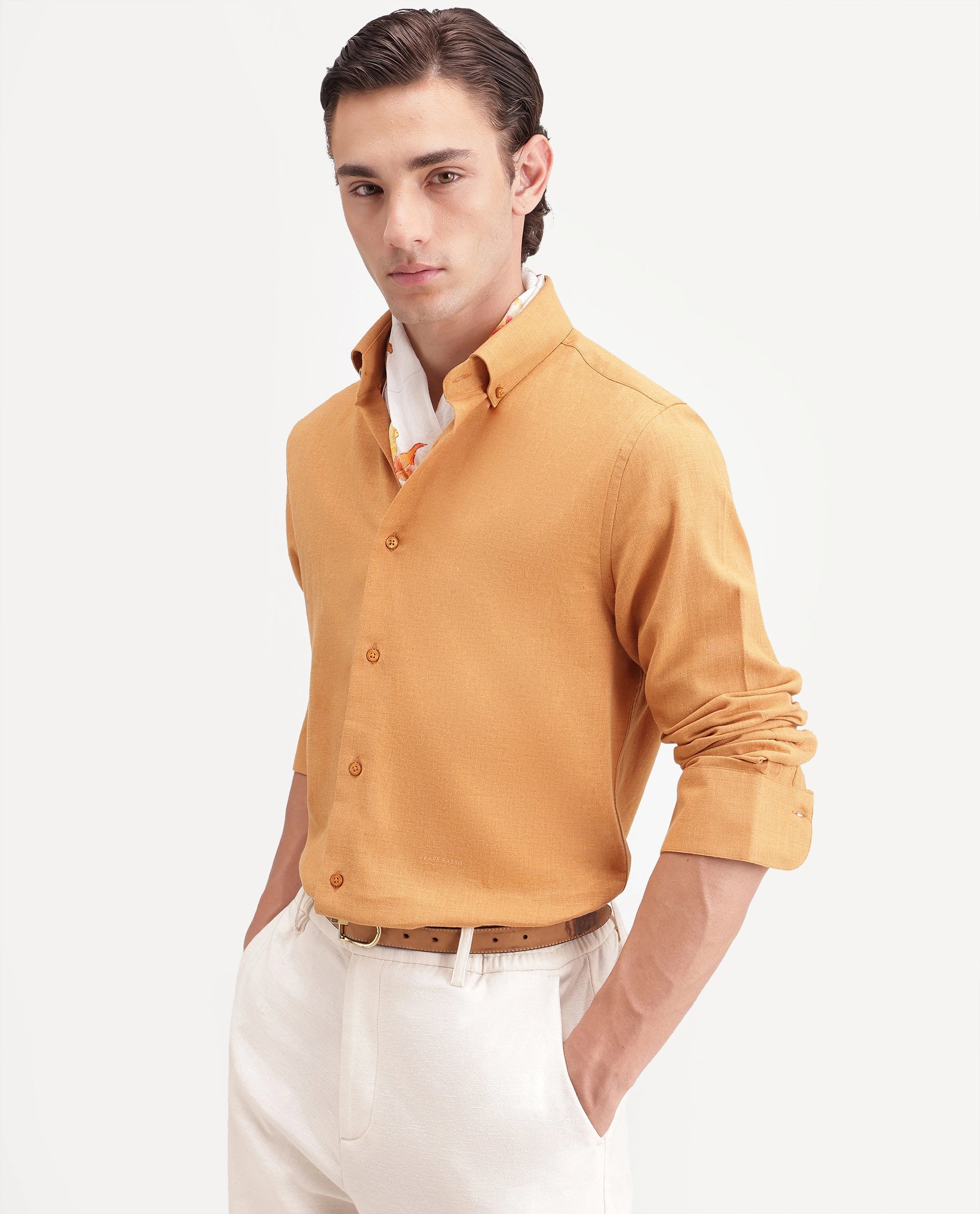 Rare Rabbit Men's Alexi Mustard Cotton Button-Down Collar Regular Fit Plain Shirt