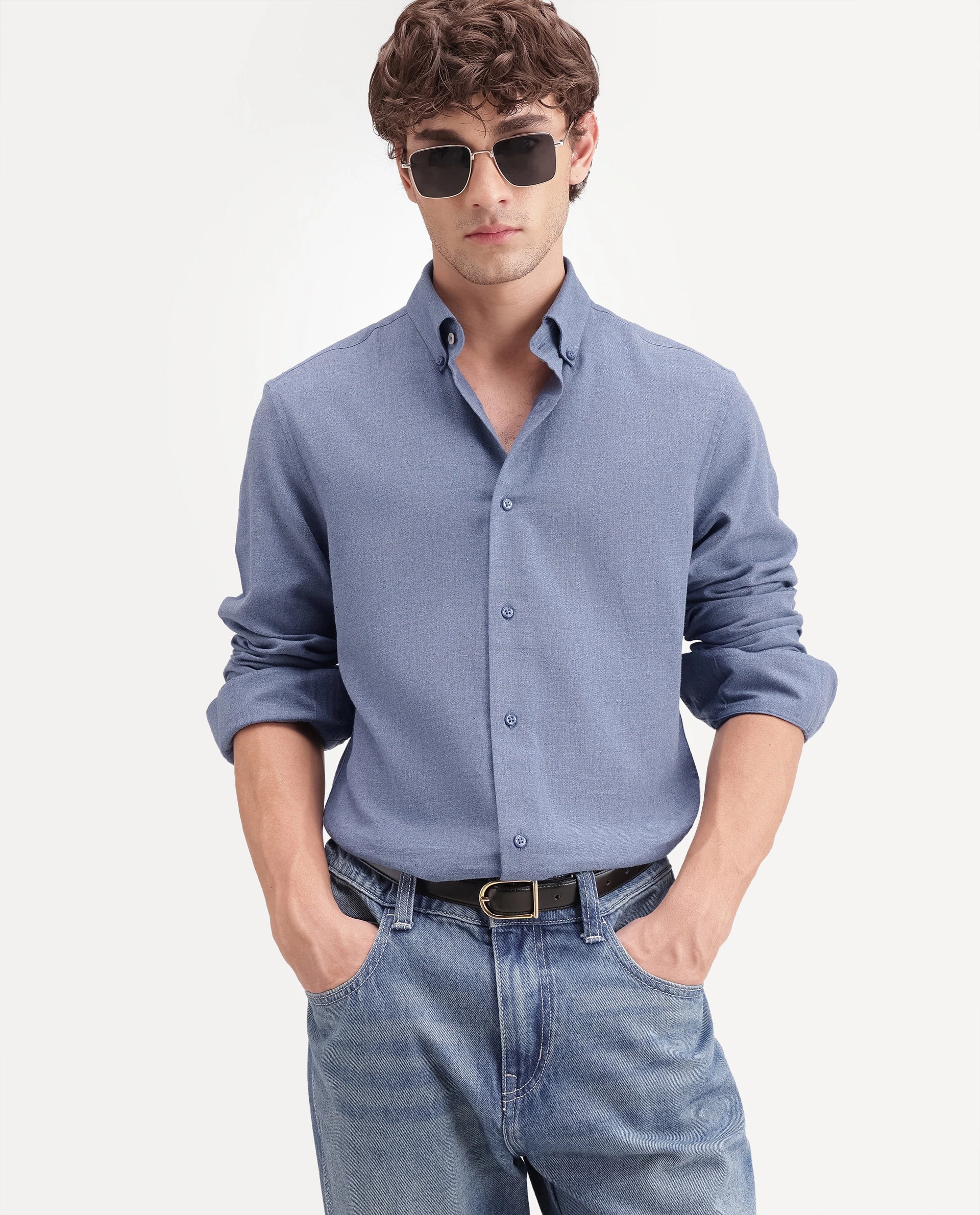 Rare Rabbit Men's Alexi Blue Cotton Button-Down Collar Regular Fit Plain Shirt