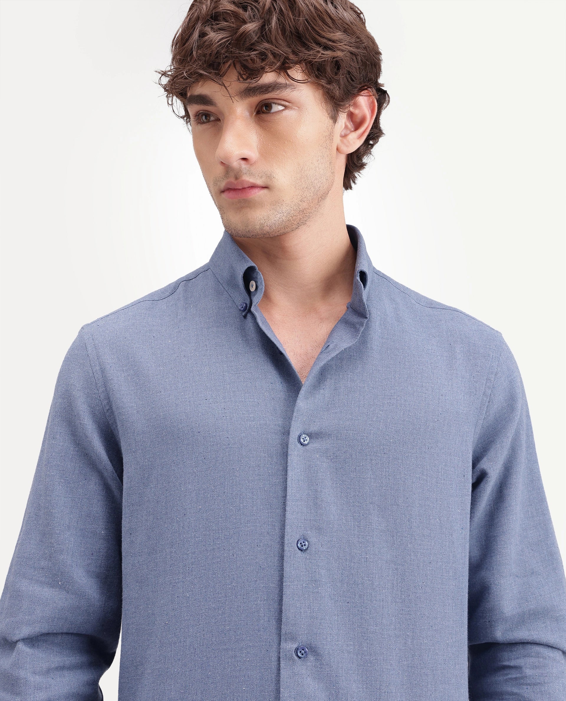 Rare Rabbit Men's Alexi Blue Cotton Button-Down Collar Regular Fit Plain Shirt