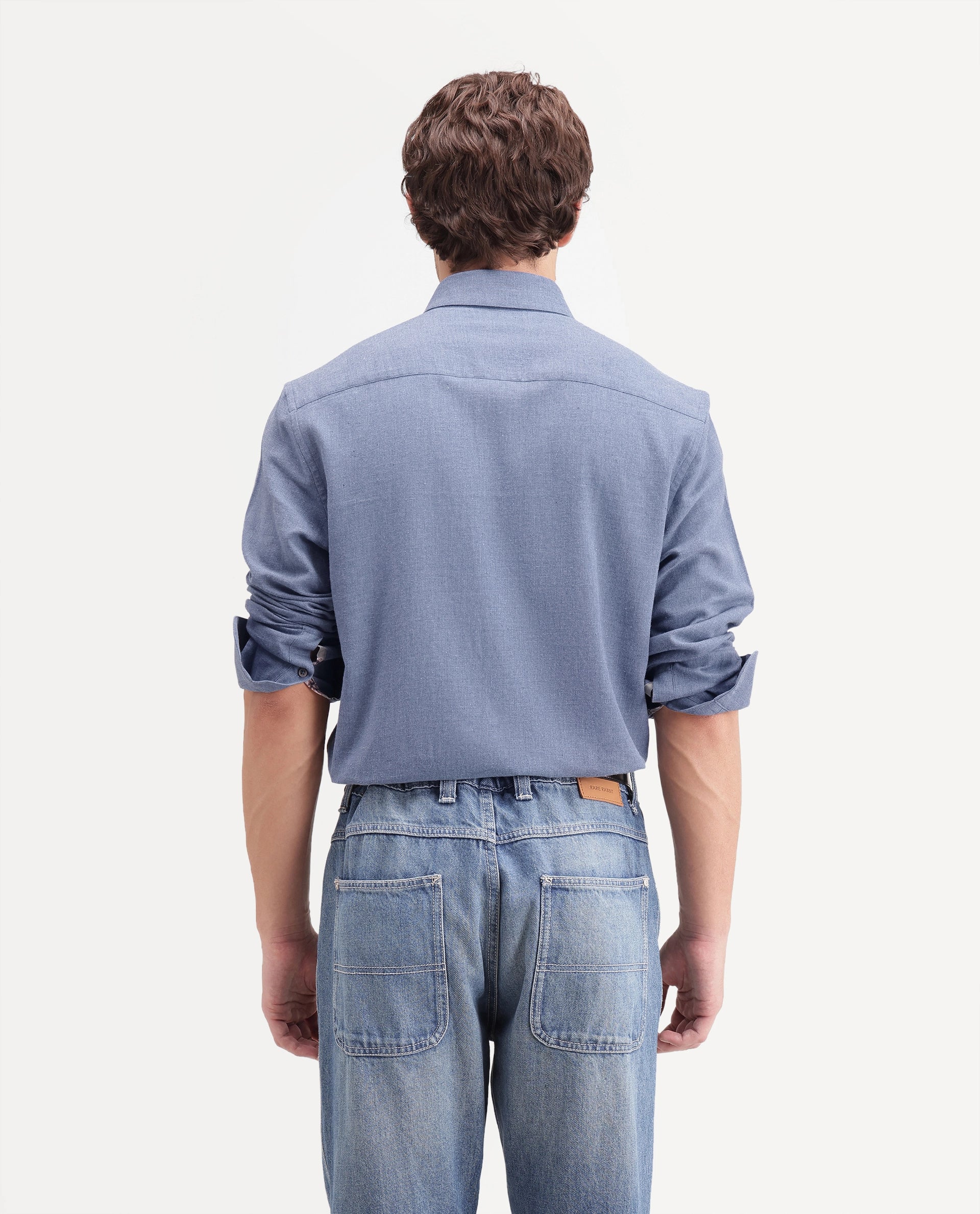 Rare Rabbit Men's Alexi Blue Cotton Button-Down Collar Regular Fit Plain Shirt