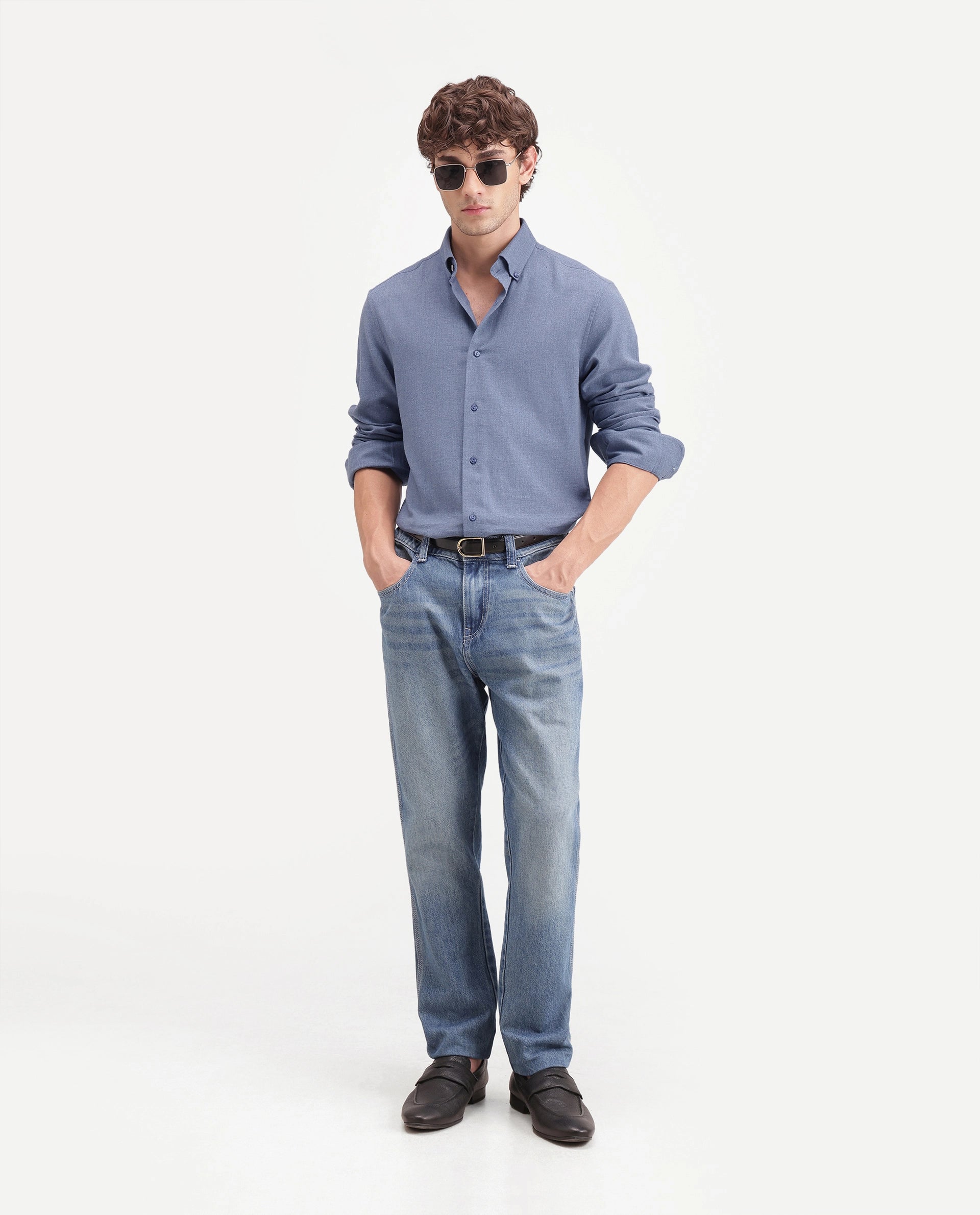 Rare Rabbit Men's Alexi Blue Cotton Button-Down Collar Regular Fit Plain Shirt