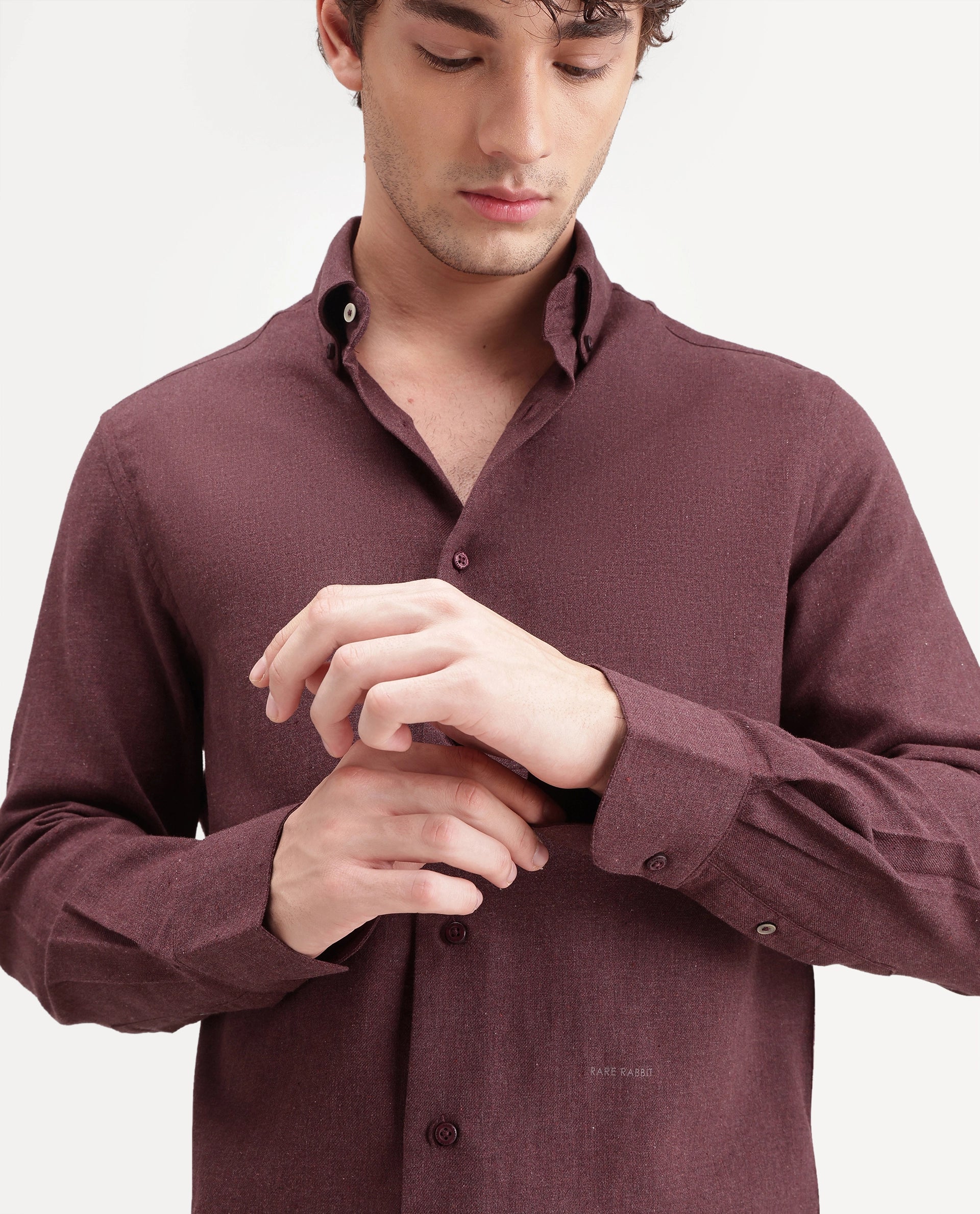 Rare Rabbit Men's Alexi Maroon Cotton Button-Down Collar Regular Fit Plain Shirt