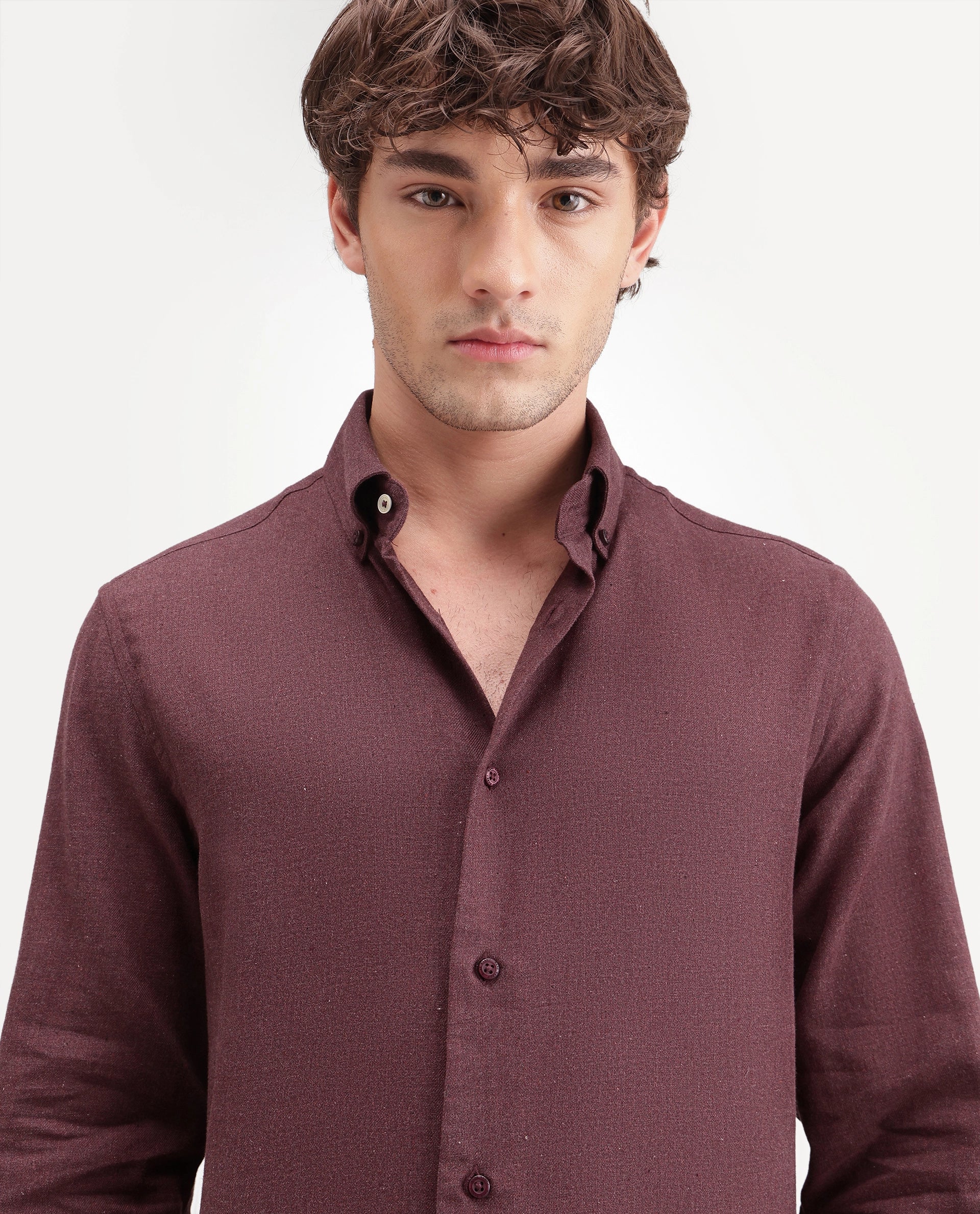 Rare Rabbit Men's Alexi Maroon Cotton Button-Down Collar Regular Fit Plain Shirt