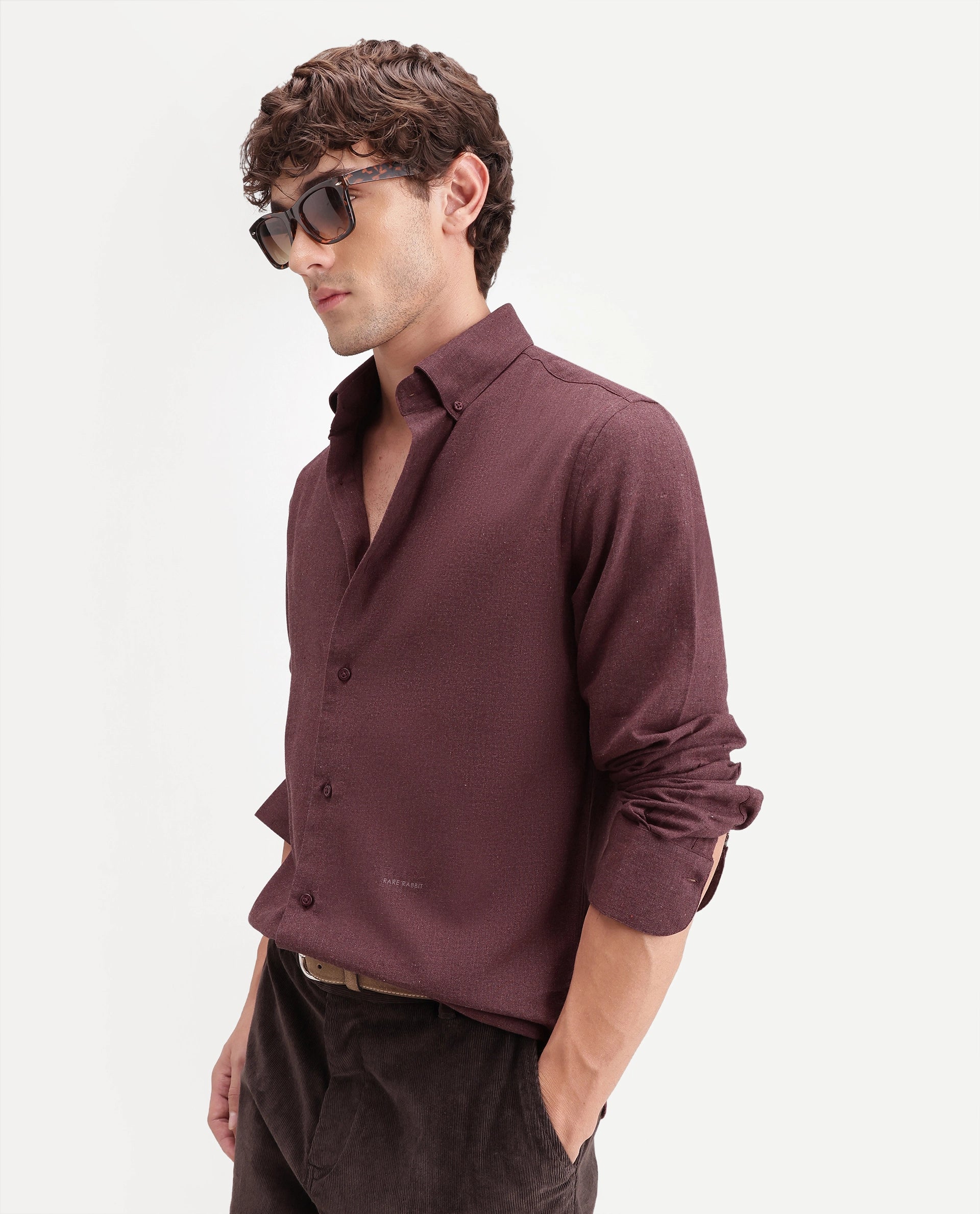 Rare Rabbit Men's Alexi Maroon Cotton Button-Down Collar Regular Fit Plain Shirt