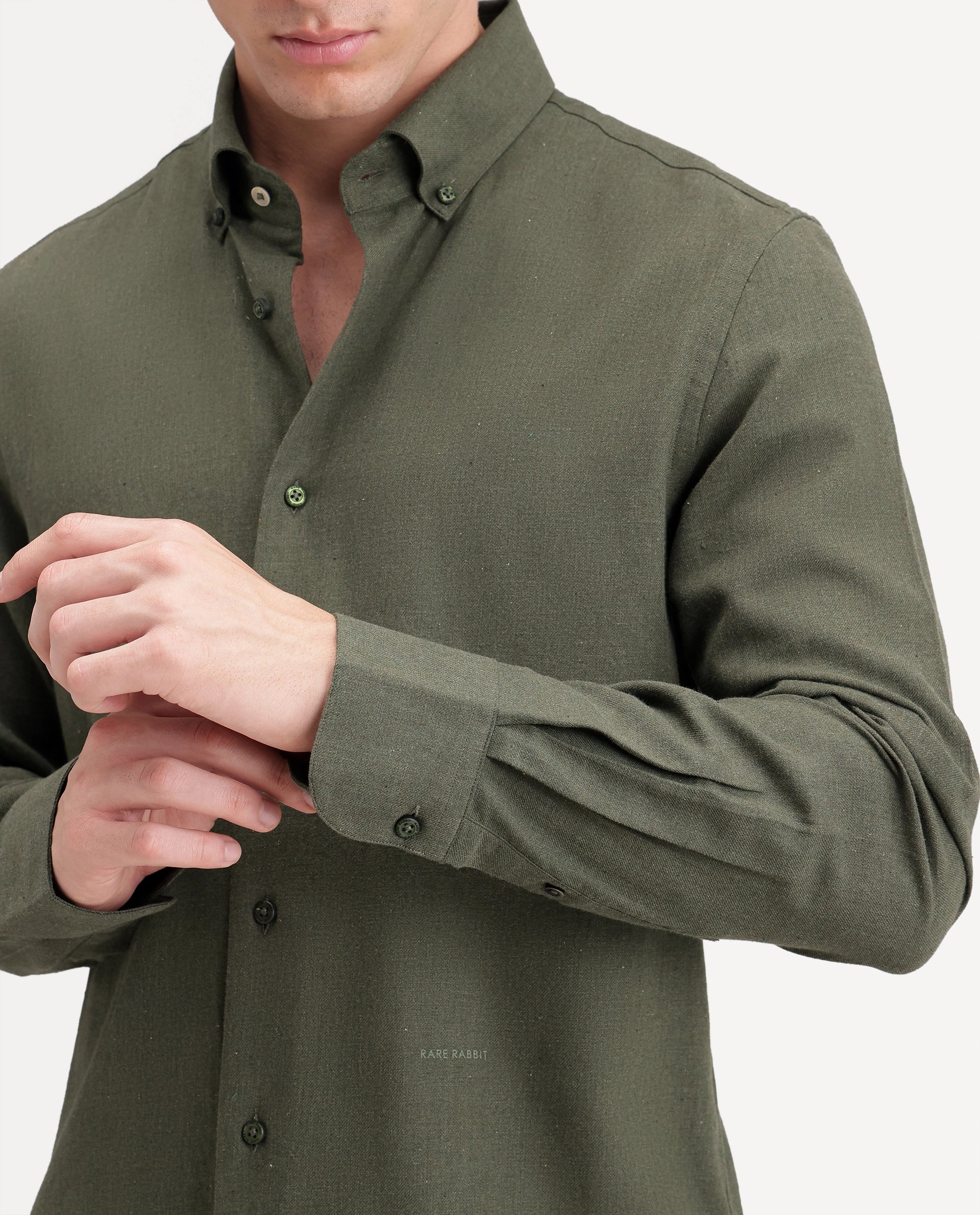 Rare Rabbit Men's Alexi Dark Green Cotton Button-Down Collar Regular Fit Plain Shirt