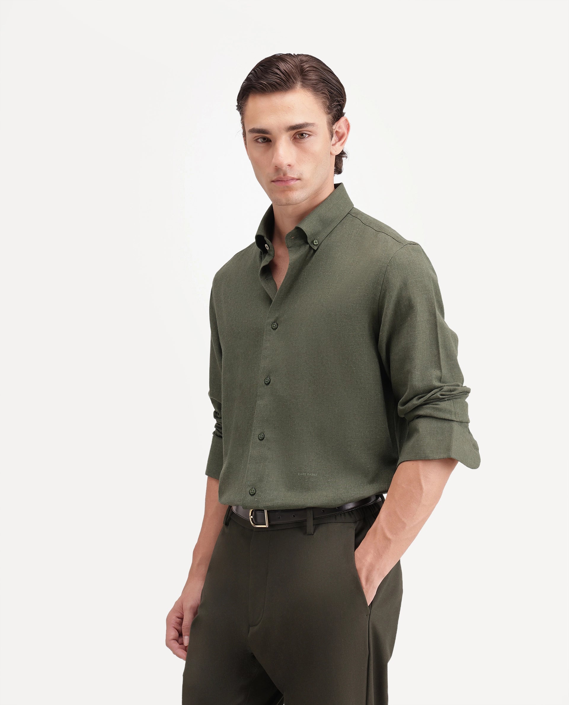 Rare Rabbit Men's Alexi Dark Green Cotton Button-Down Collar Regular Fit Plain Shirt