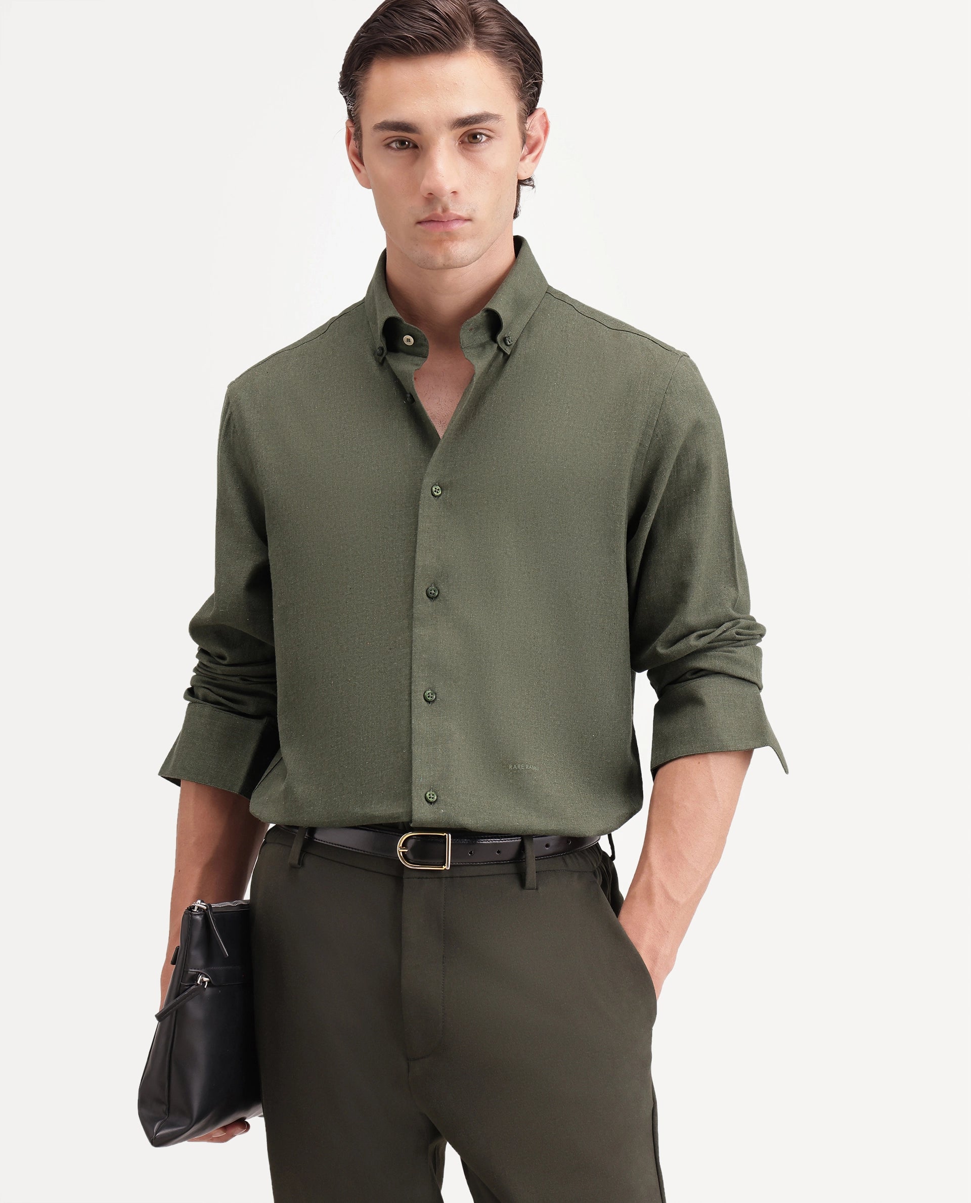 Rare Rabbit Men's Alexi Dark Green Cotton Button-Down Collar Regular Fit Plain Shirt