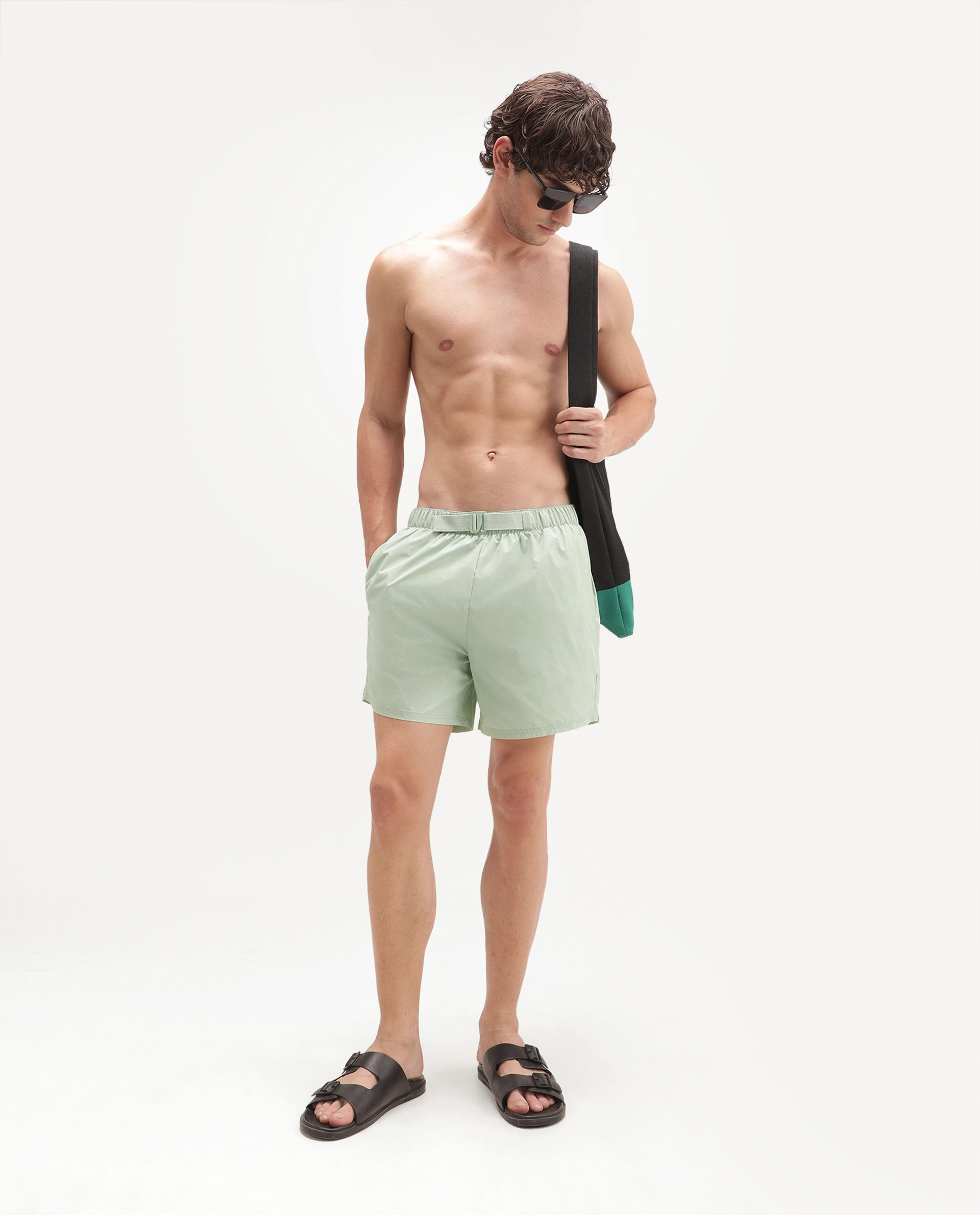 Rare Rabbit Men's Kort Aw26 Pastel Green Polyester Belt Regular Plain Swim Trunks