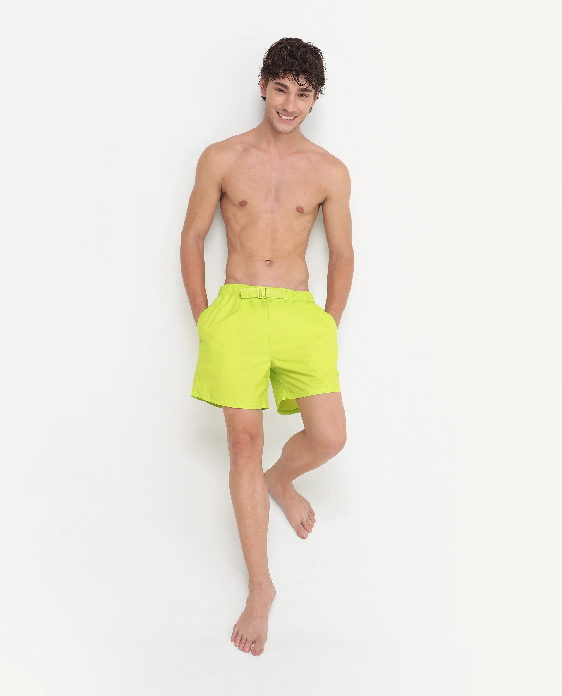 Rare Rabbit Men's Kort Aw26 Fluorescent Green Polyester Belt Regular Plain Swim Trunks