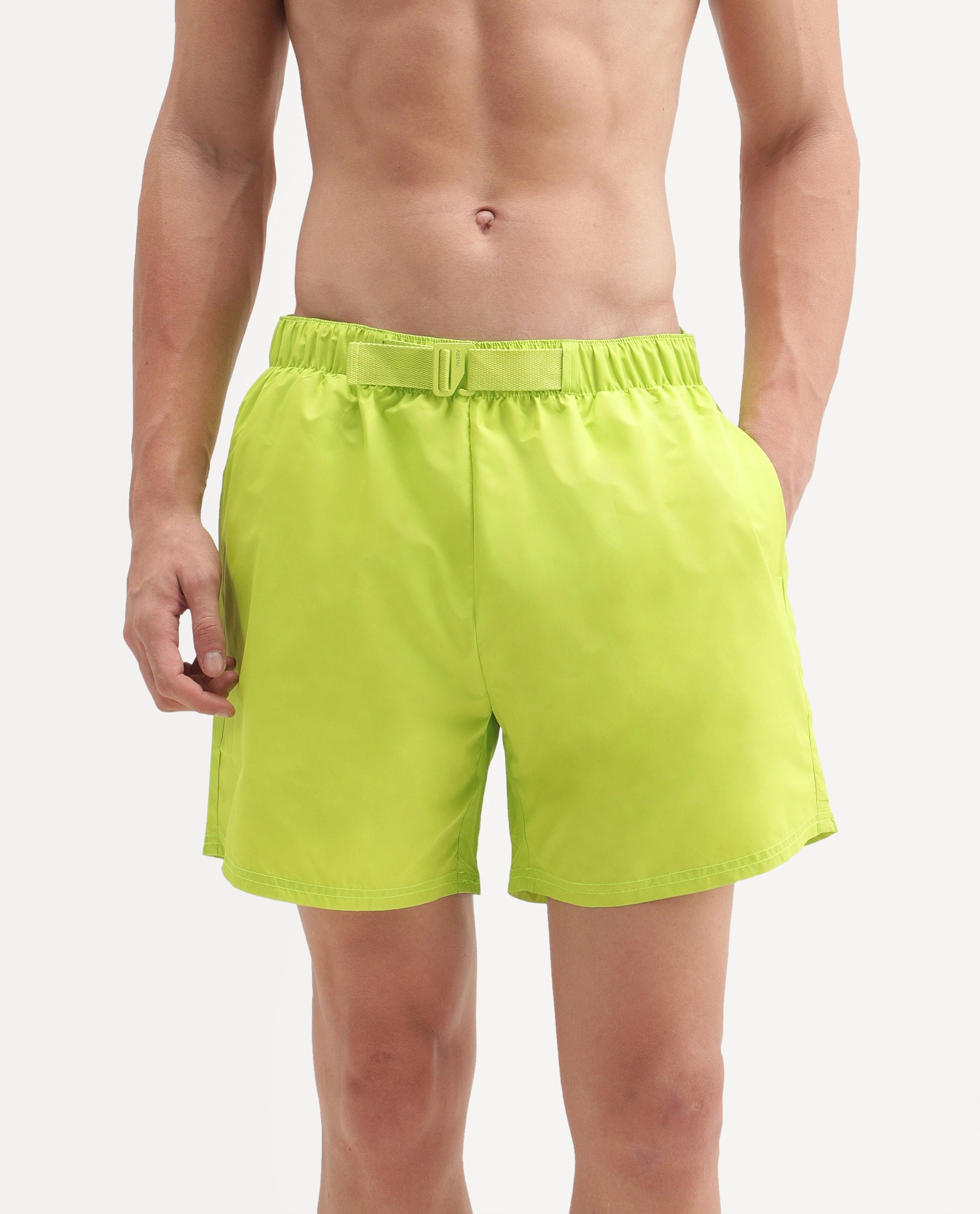 Rare Rabbit Men's Kort Aw26 Fluorescent Green Polyester Belt Regular Plain Swim Trunks