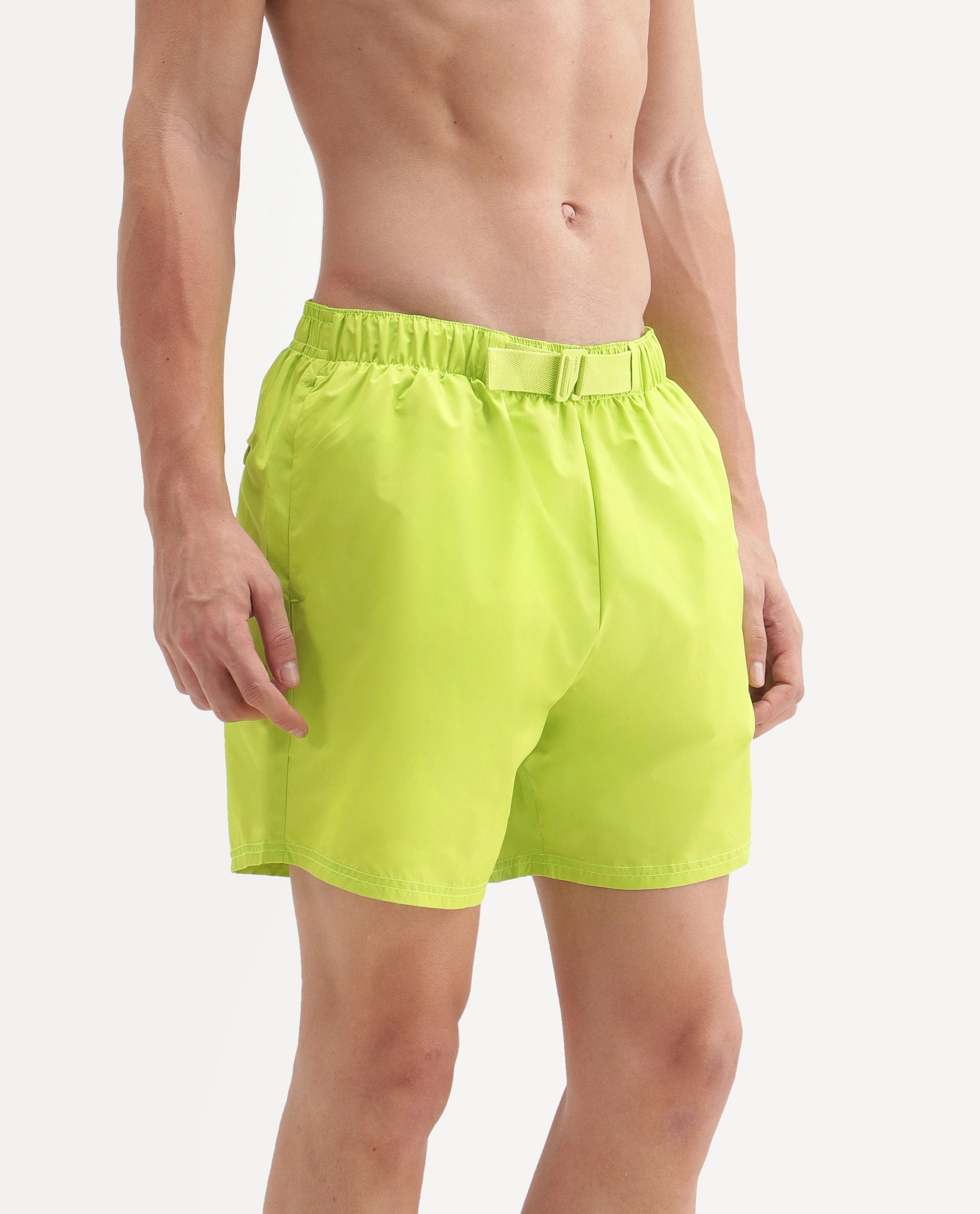 Rare Rabbit Men's Kort Aw26 Fluorescent Green Polyester Belt Regular Plain Swim Trunks