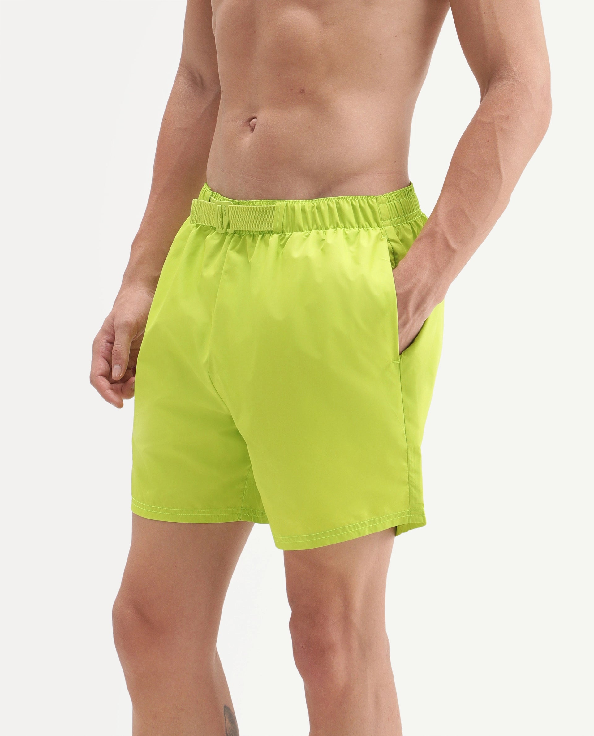 Rare Rabbit Men's Kort Aw26 Fluorescent Green Polyester Belt Regular Plain Swim Trunks