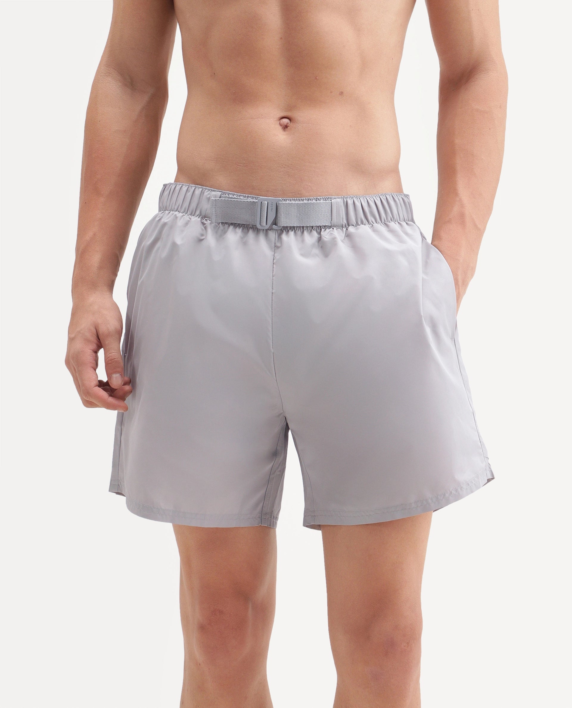 Rare Rabbit Men's Kort Aw26 Grey Polyester Belt Regular Plain Swim Trunks