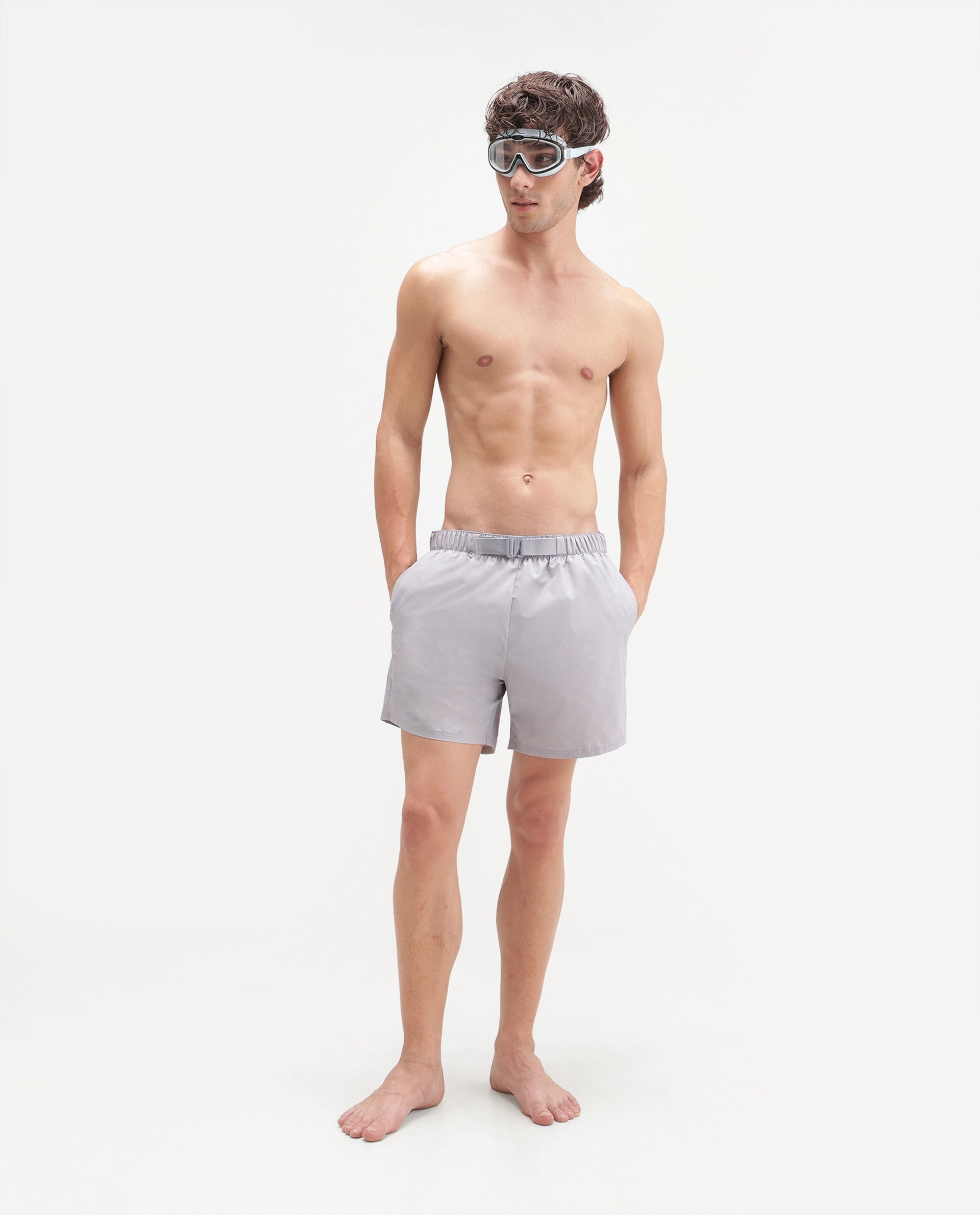 Rare Rabbit Men's Kort Aw26 Grey Polyester Belt Regular Plain Swim Trunks