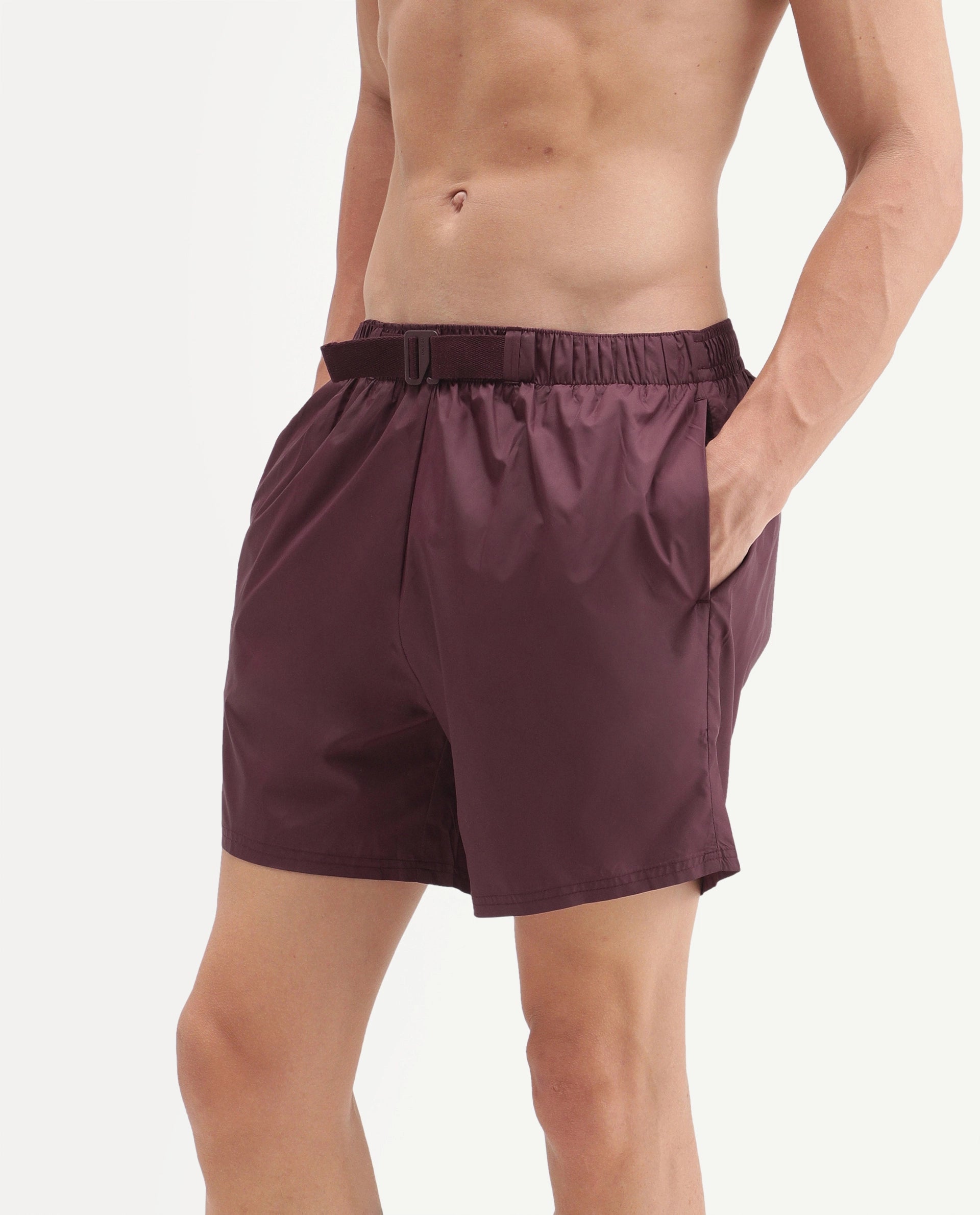 Rare Rabbit Men's Kort Aw26 Dark Maroon Polyester Belt Regular Plain Swim Trunks