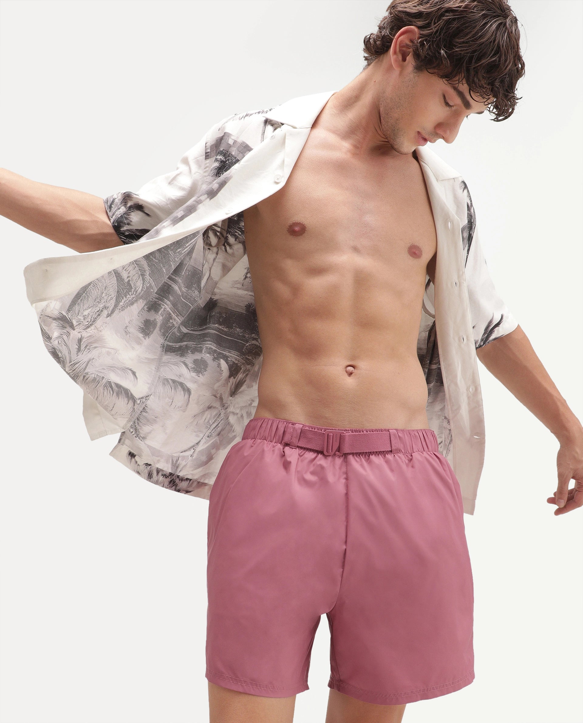 Rare Rabbit Men's Kort Aw26 Pink Polyester Belt Regular Plain Swim Trunks