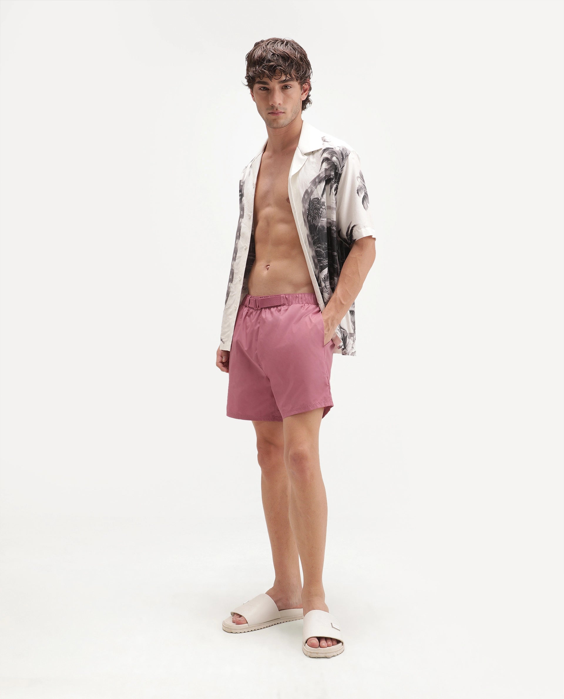 Rare Rabbit Men's Kort Aw26 Pink Polyester Belt Regular Plain Swim Trunks